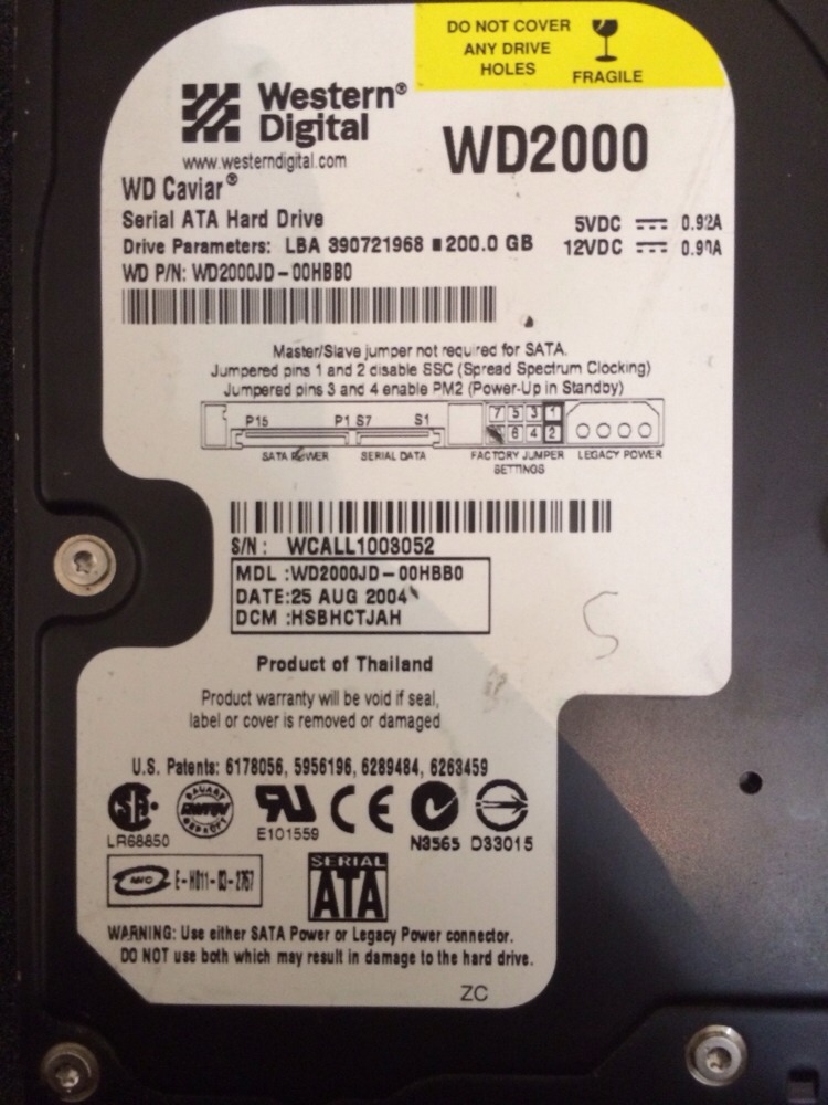 Western Digital 200GB WD2000JD-00HBB0,  HSBHCTJAH, SATA 3.5 Hard Drive Donor