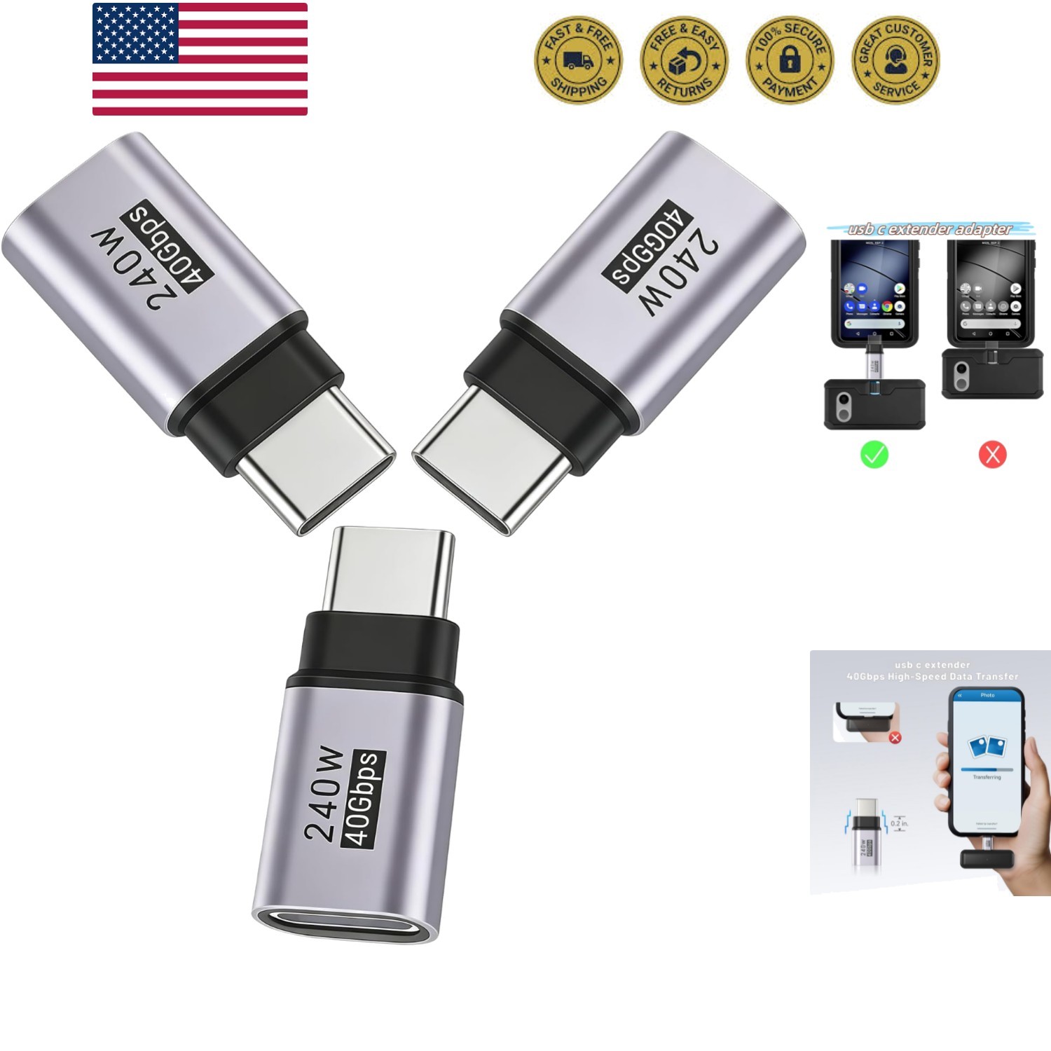 USB C Extender Adapter Straight 3 Pack 40Gbps 240W Cable Extension Type-C Low...