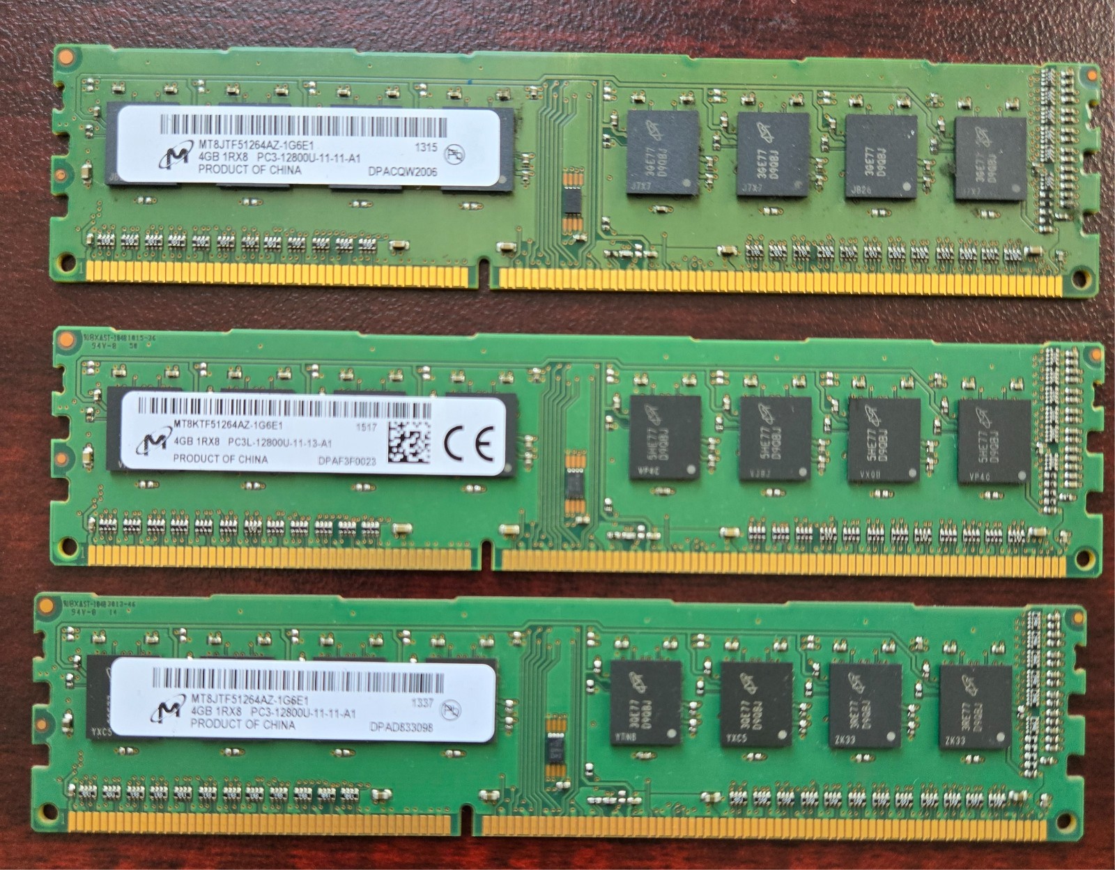 Micron 12GB 3x4GB DDR3 DDR3L-1600 PC3-12800U 1Rx8 Desktop RAM Lot