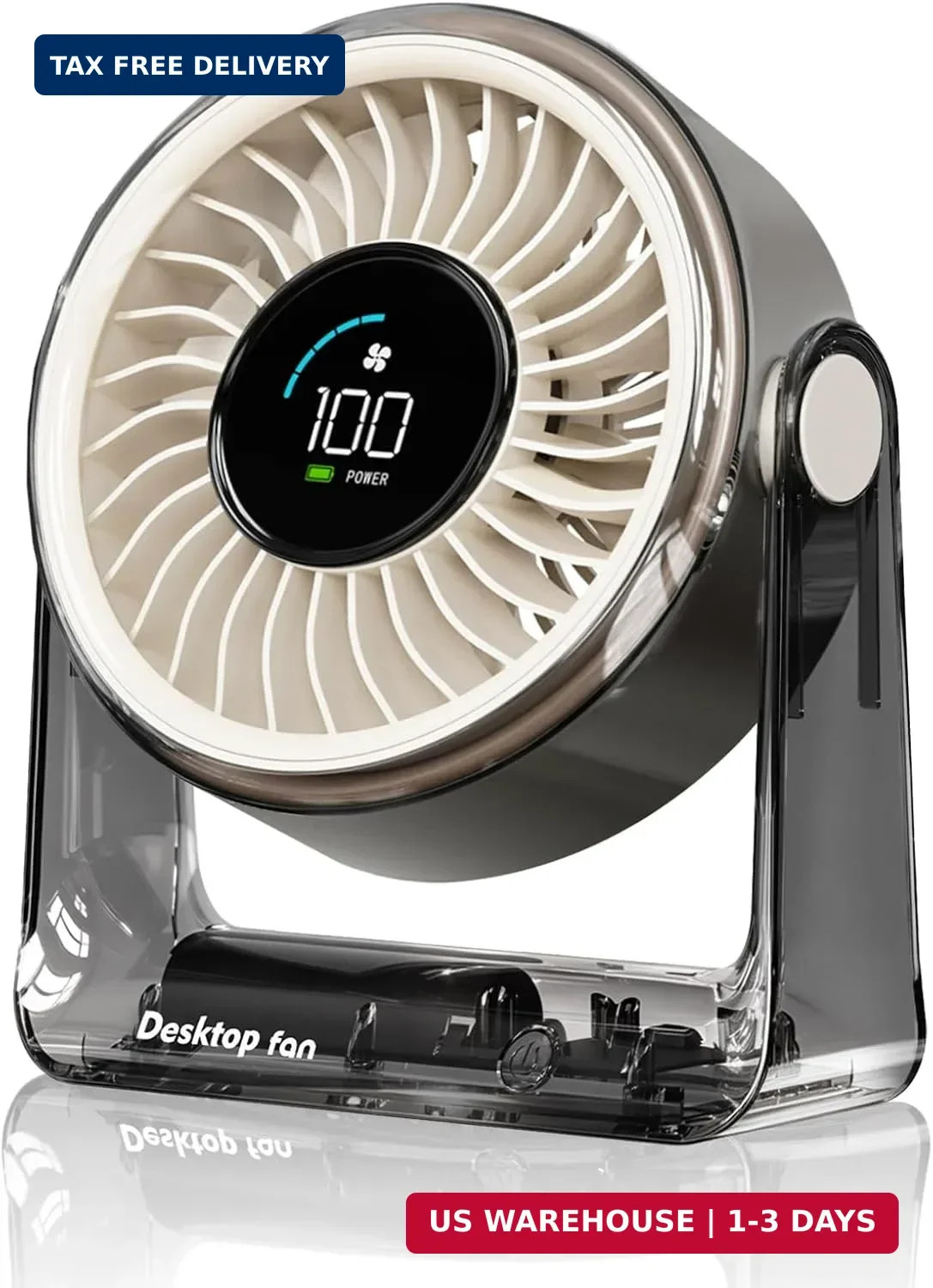 Desk Fan USB Rechargeable, Portable Small Desktop Fan with 6 Speeds Digital Disp