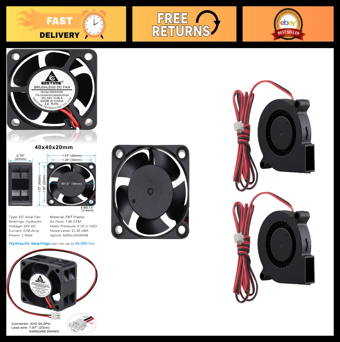 40mm x 20mm 24V Brushless Cooling Fan & 50mm x 15mm 12V DC Blower Fan - Quiet, E