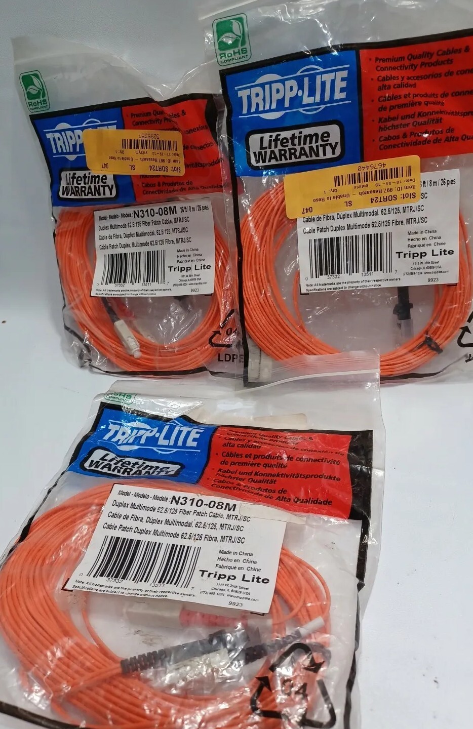 3 Pack 8M Duplex Multimode 62.5/125 Fiber Patch Cable - Orange