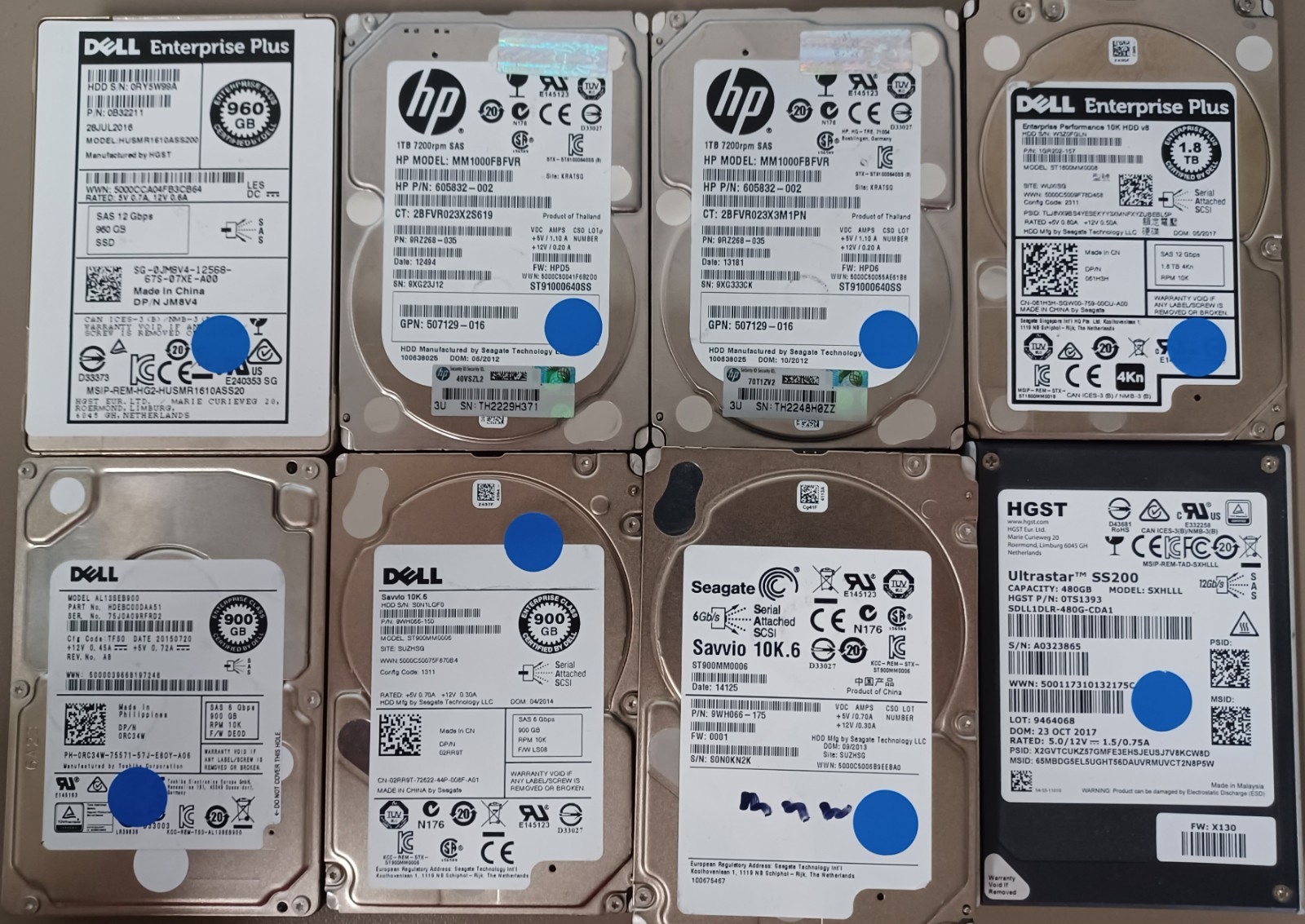 Lot of 9 Mixed Size  2.5" SAS HDD | 480GB to 1.8TB | Read Description