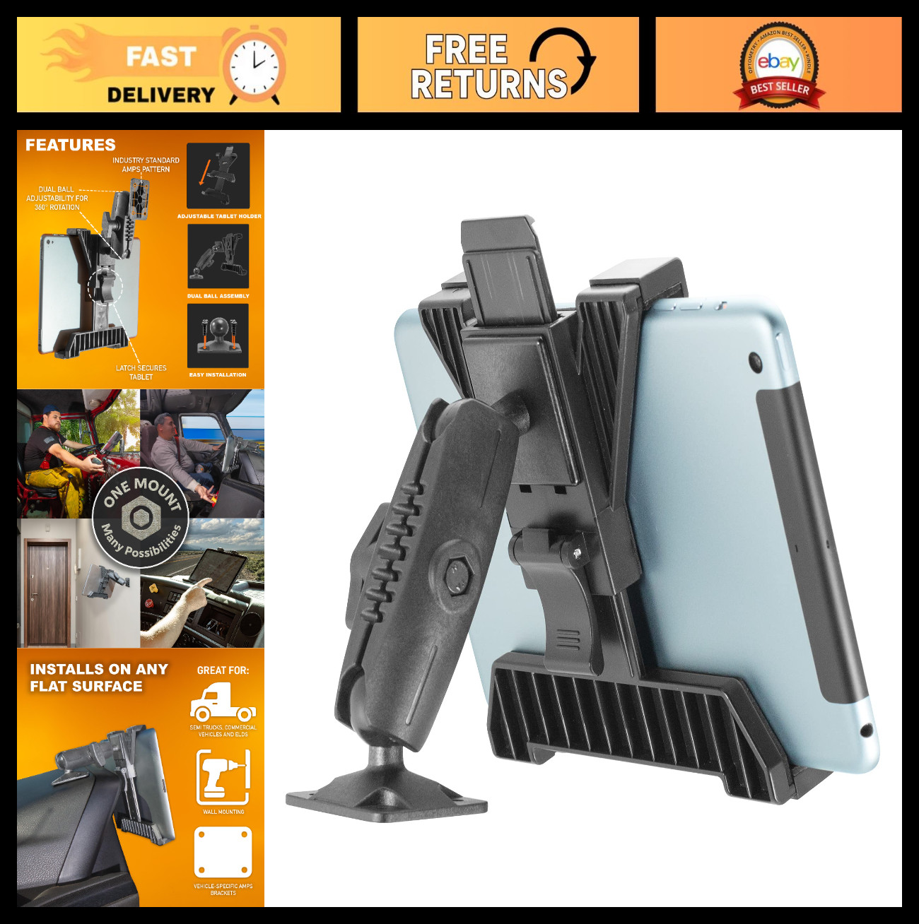 Universal Tablet Drill Base Mount for 7-11" Tablets - Heavy Duty Truck Mount