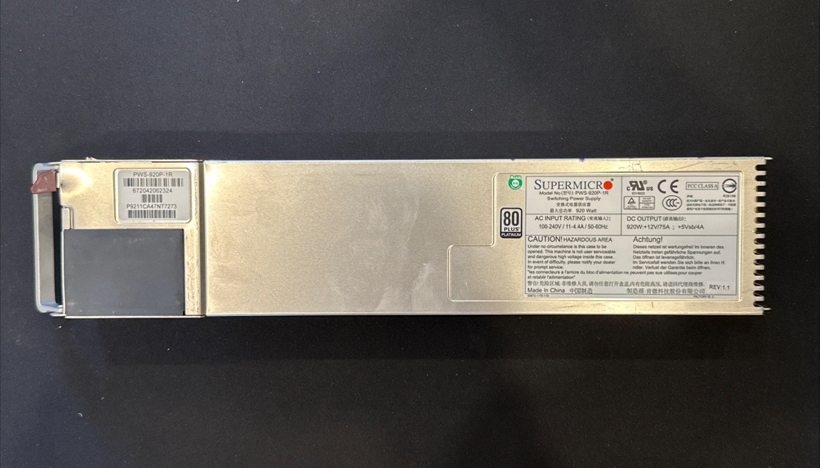 Supermicro PWS-920P-1R 920W 80 Plus Platinum 1U Redundant Power Supply Used
