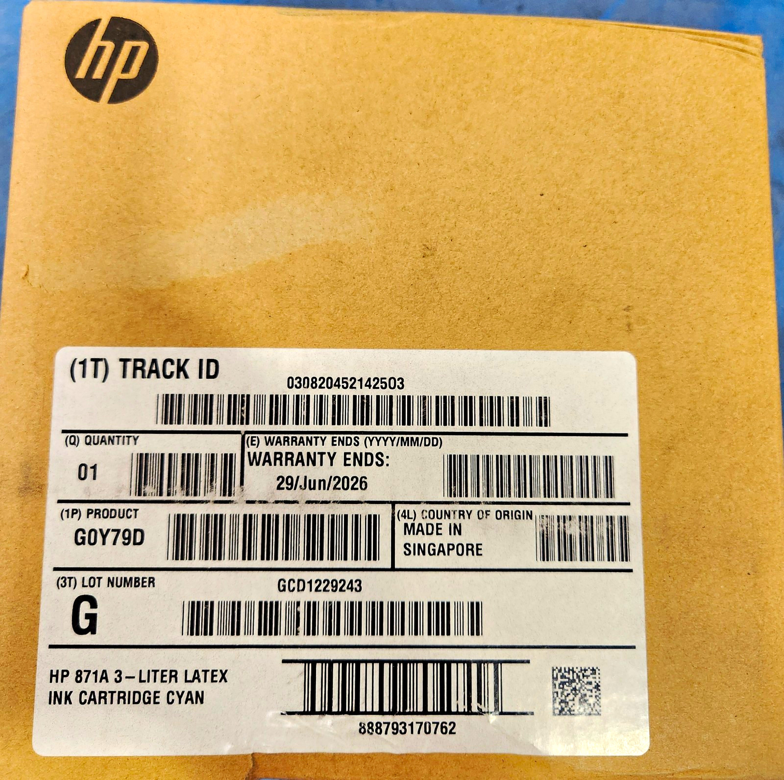 HP 871A 3-Liter Latex Ink Cartridge Cyan Genuine/Original Inkjet G0Y79D