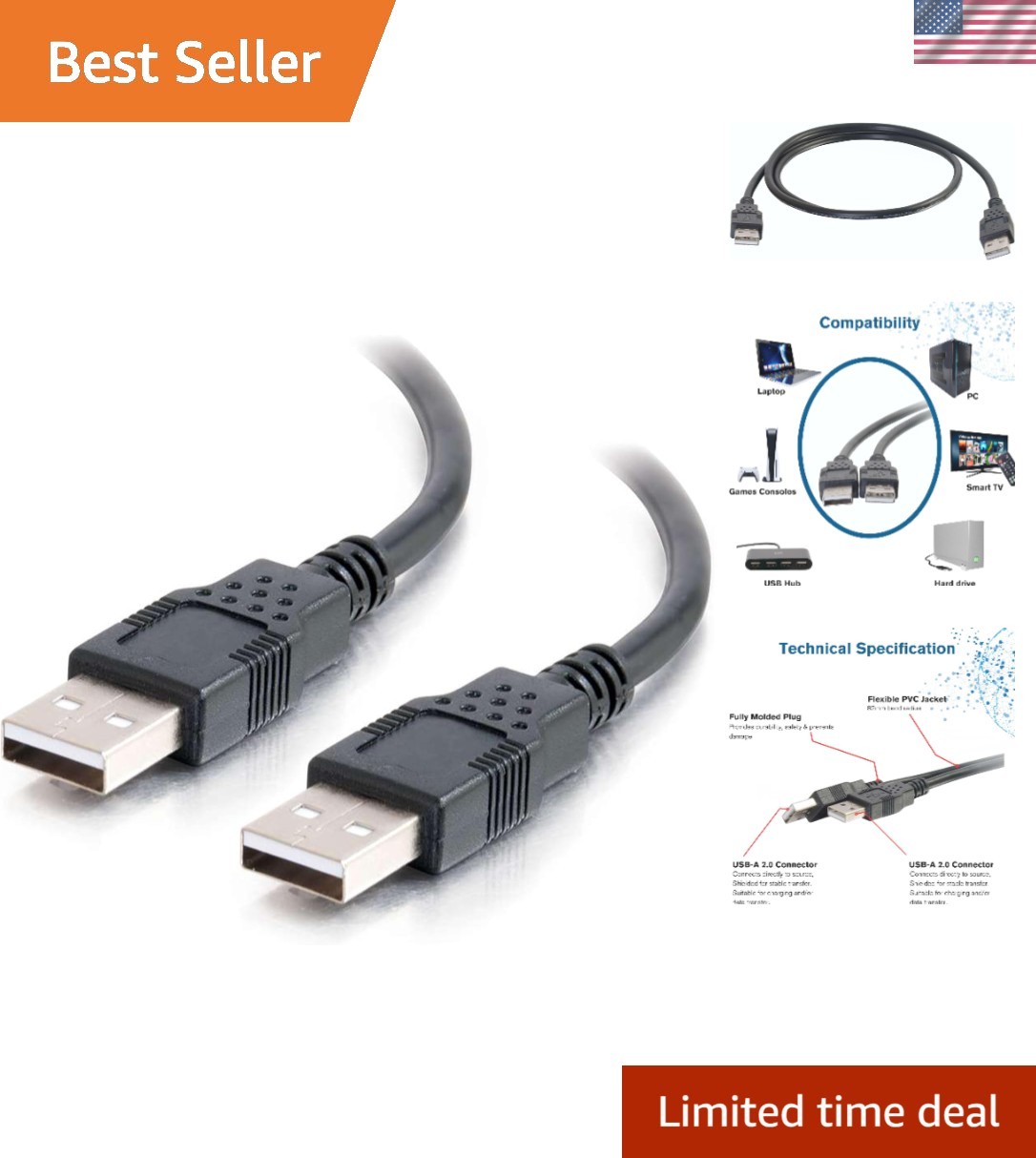 Legrand 3.3ft USB A to A Cable - Versatile Male-Male Connection for Fast Data