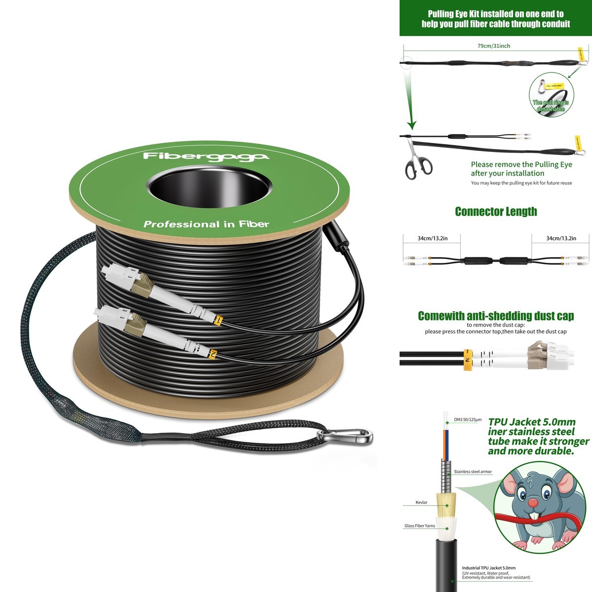 Fibergaga LC to LC OM3 Multimode Fiber Patch Cable TPU 75M (246ft)