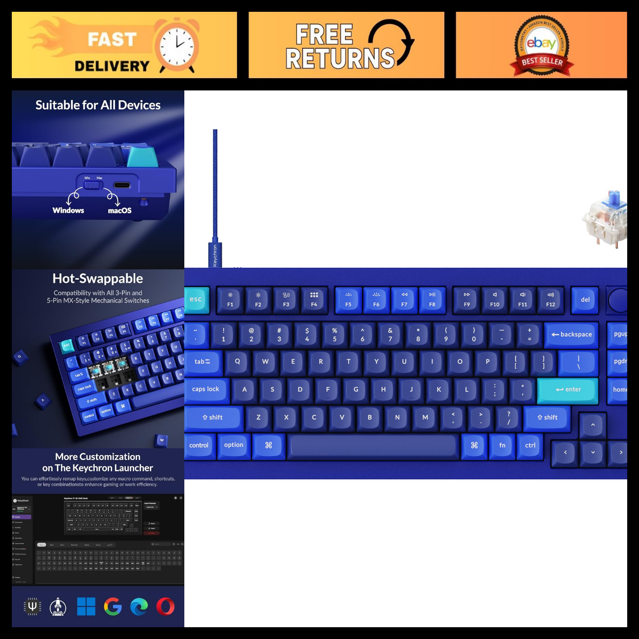 Custom Mechanical Keyboard 75% RGB Wired Hot-Swappable Gateron Blue Switches, QM