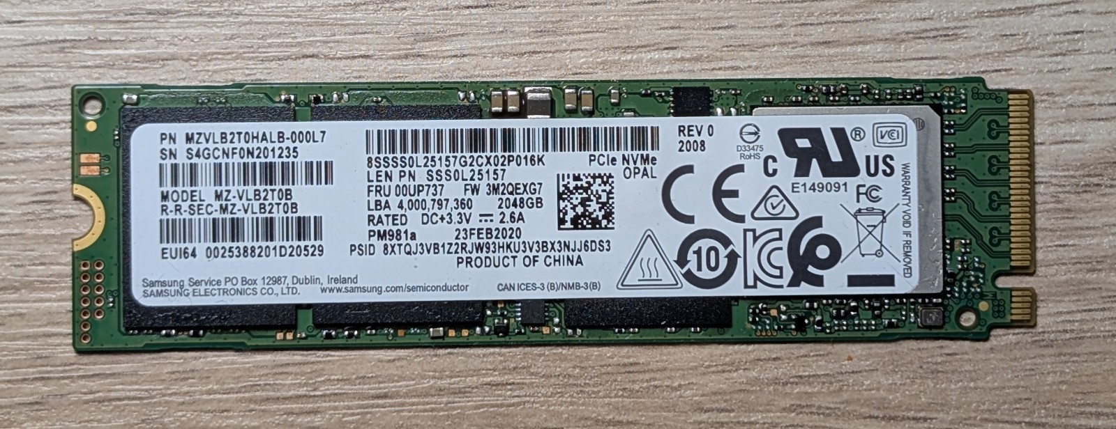 Samsung PM981a 2TB PCIe NVME SSD