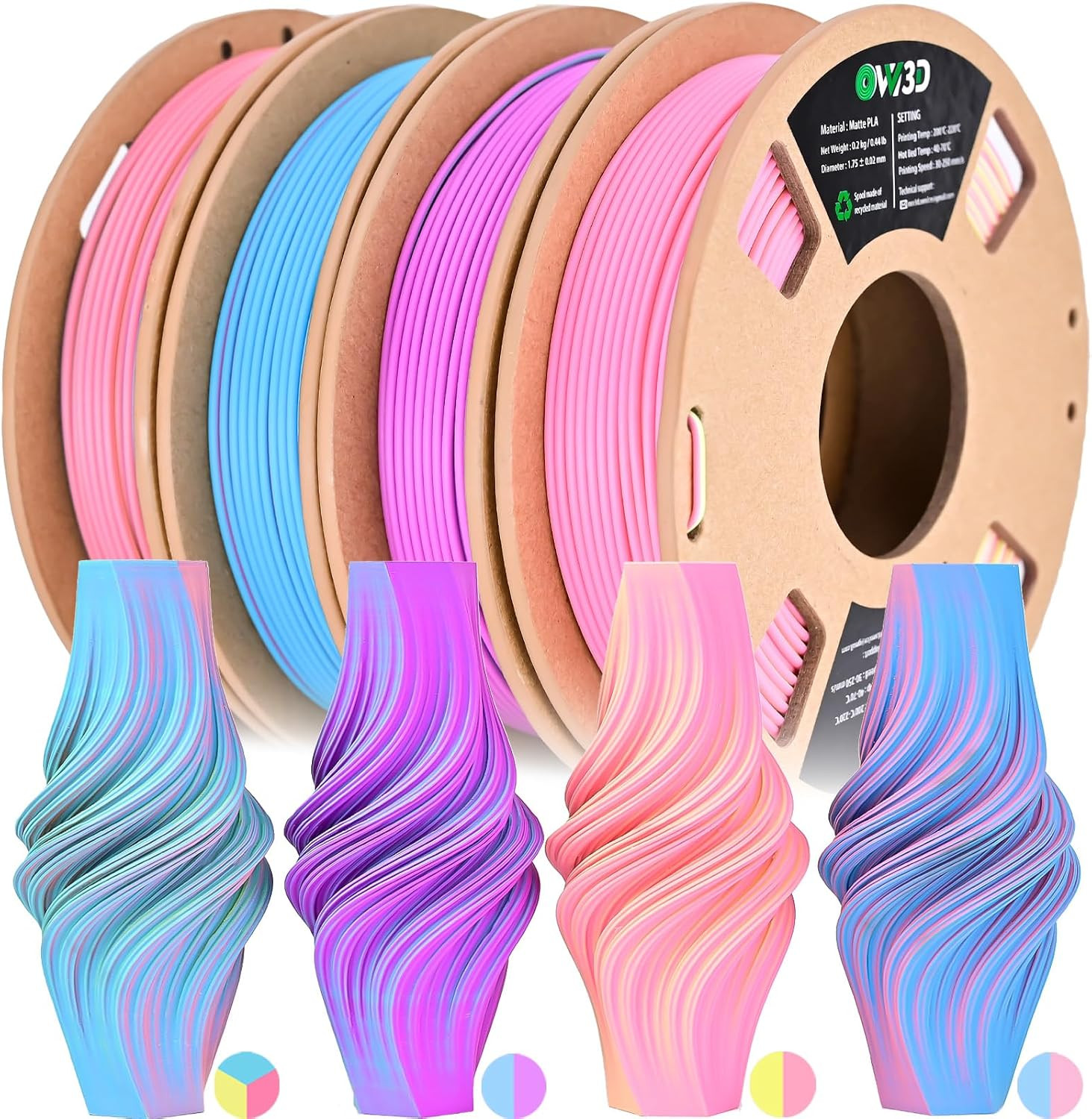 OVV3D Matte PLA 3D Printer Filament Bundle, Tri & Dual Color Filament 1.75Mm Pac