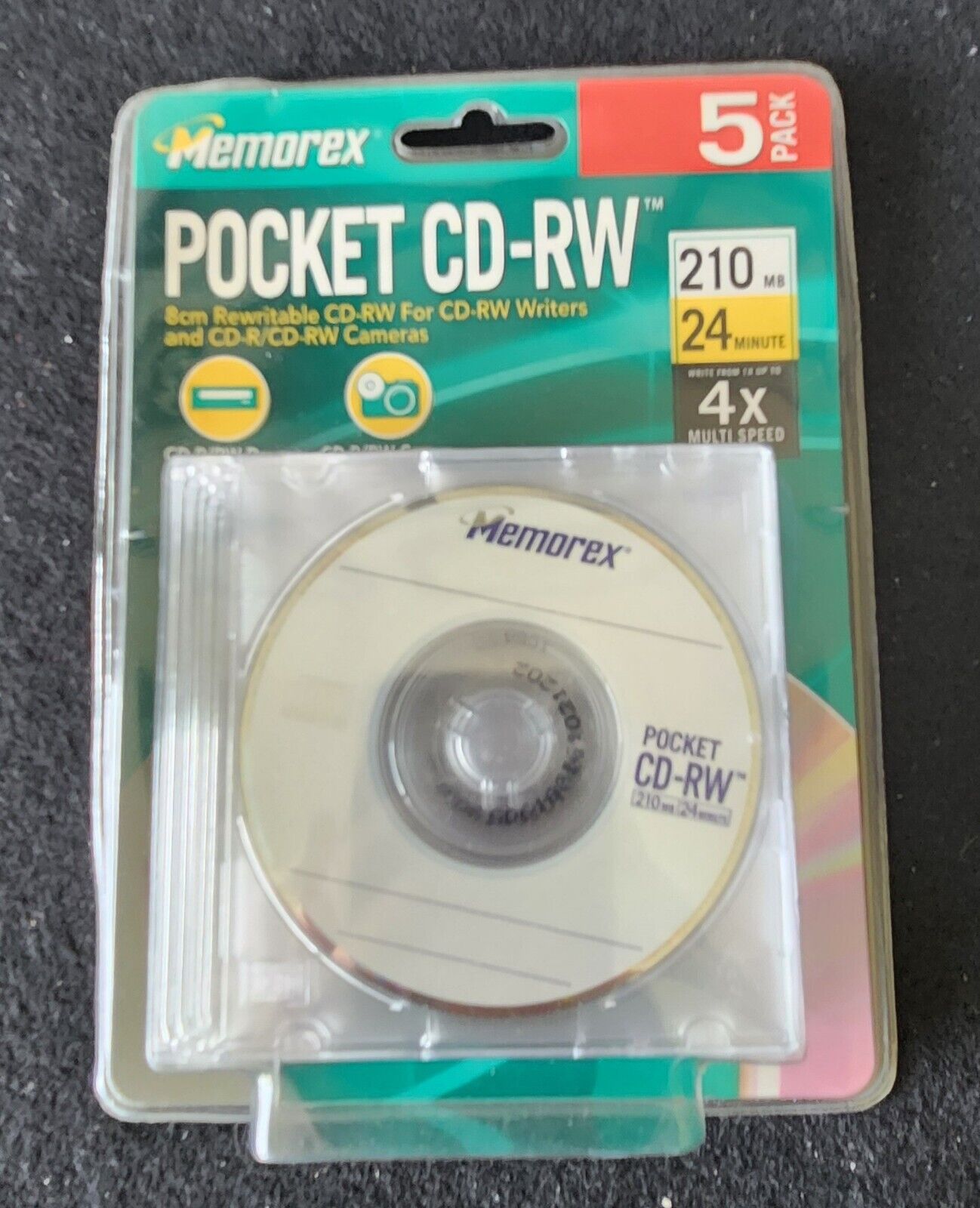 New Memorex 5 Pack Pocket CD-RW 8cm Rewritable Discs 4x Speed 24 Minute Sealed 