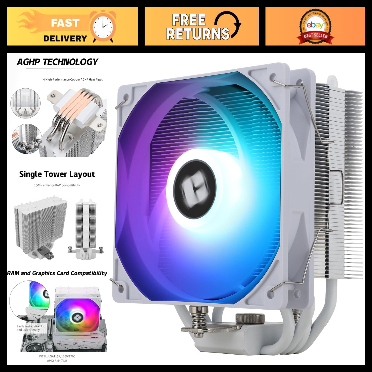High-Performance ARGB CPU Air Cooler, 4 Heat Pipes, Silent PWM Fan, AMD/Intel Co