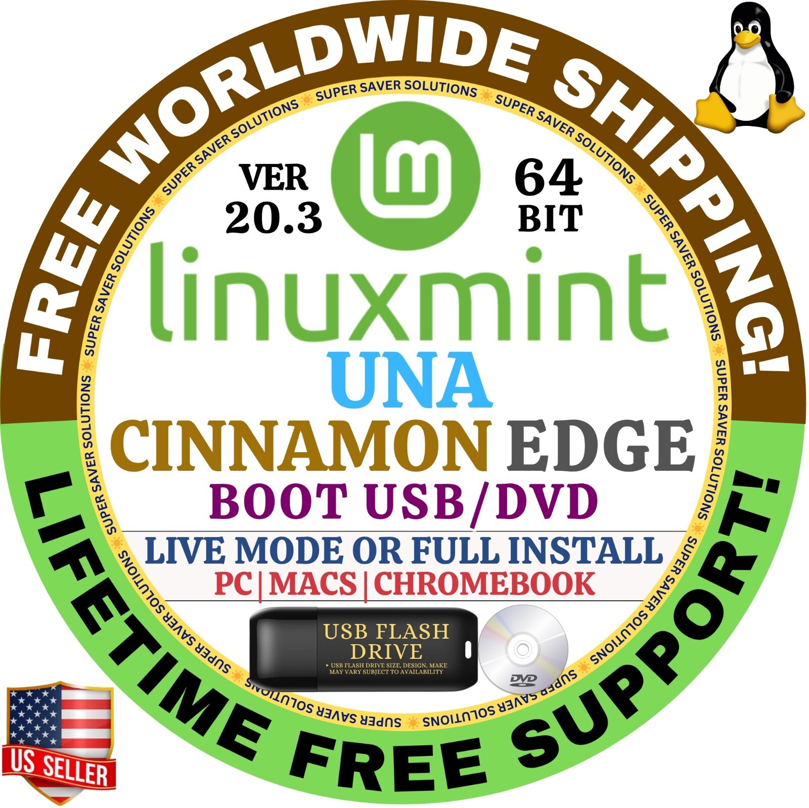 Linux MINT 20.3 USB UNA Cinnamon Edge 64-Bit Live Boot, Full Install for MAC, PC