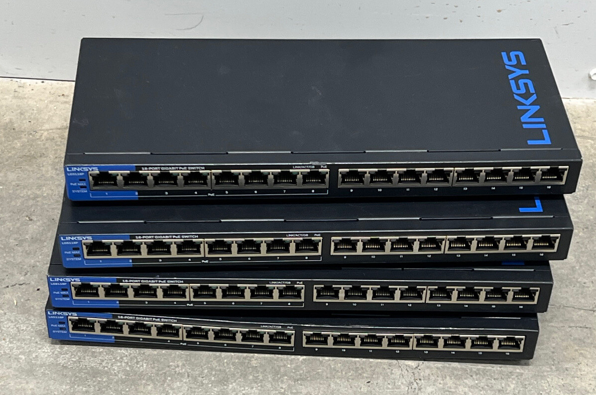Lot Of(4) Linksys LGS116P 16-Port Gigabit Ethernet PoE+ Unmanaged Switch