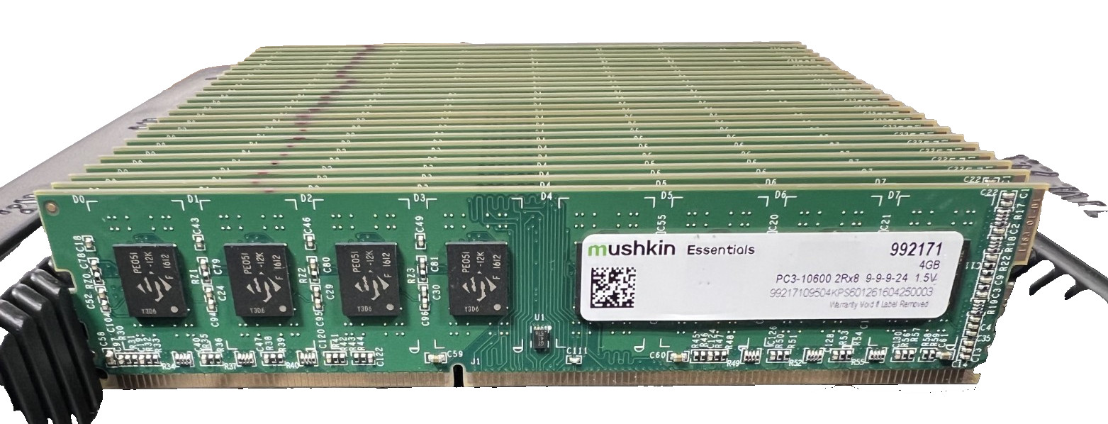 Lot of 24 Mushkin Essentials 4GB PC3-10600 2R8x8 DDR3 DIMM Memory RAM