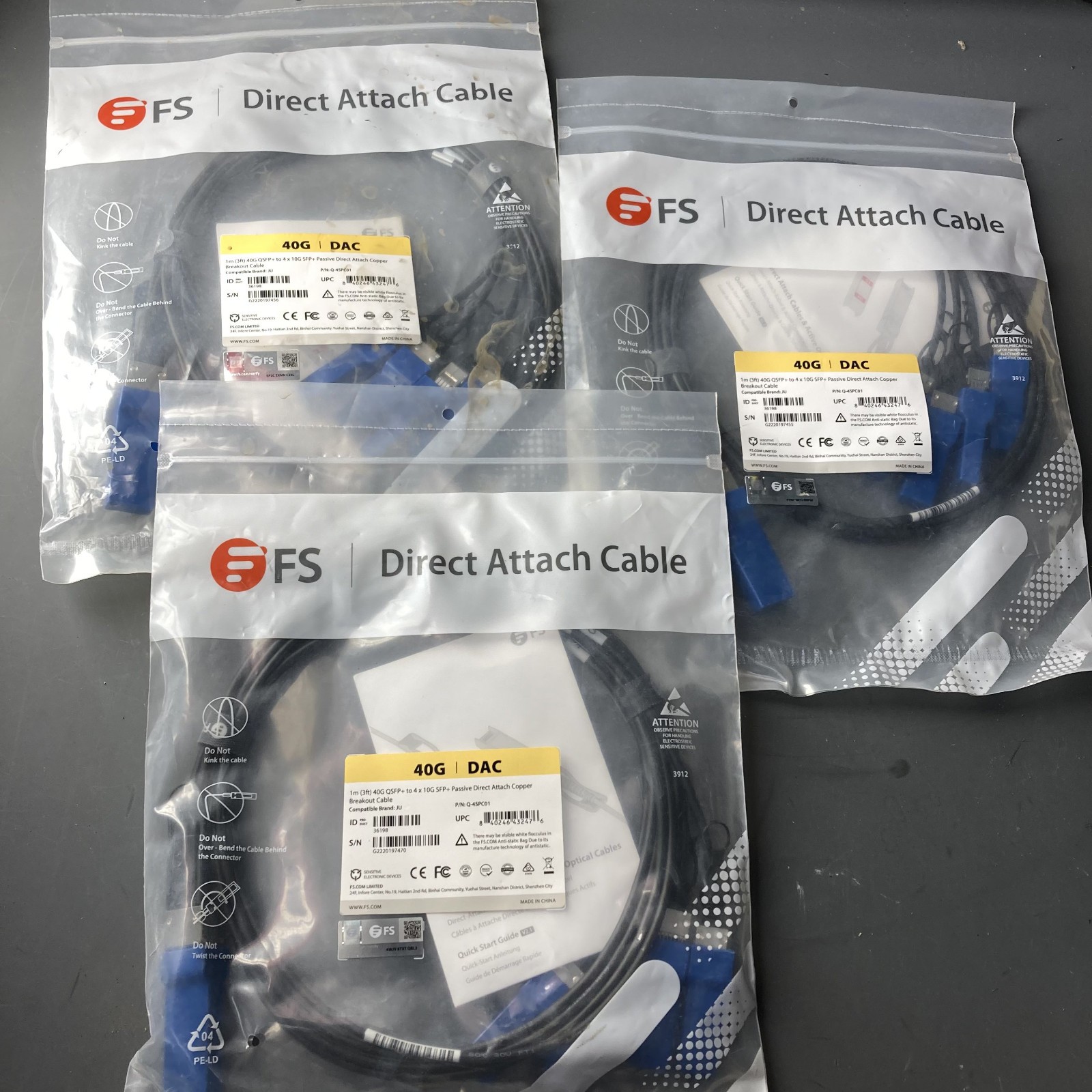 LOT OF 3-NEW Fiberstore 1m Q-4SPC01 40G-4x 10G SFP+ Passive DAC Breakout Cable