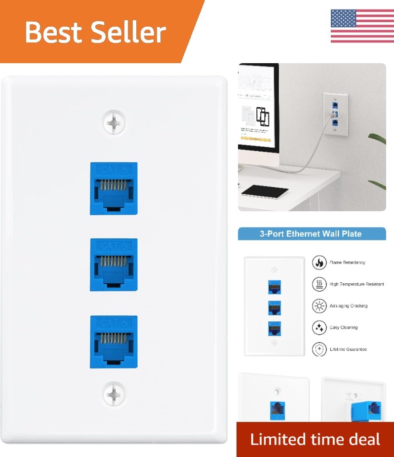Professional Blue 3-Port Cat6 RJ45 Wall Plate for Effortless Home Networking