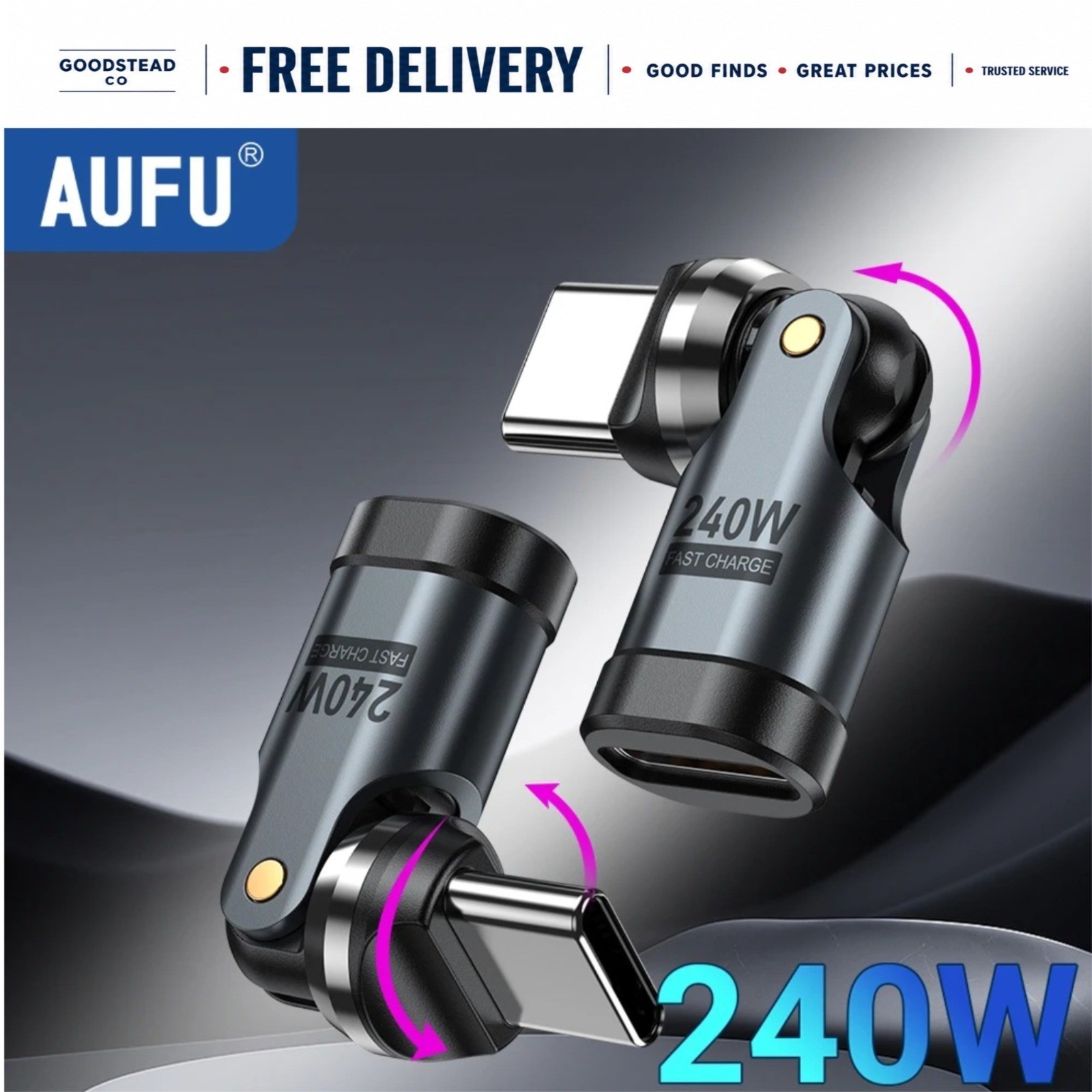 AUFU 240W USB-C to USB-C OTG Adapter 540° Rotating 5A Fast Charge Converter