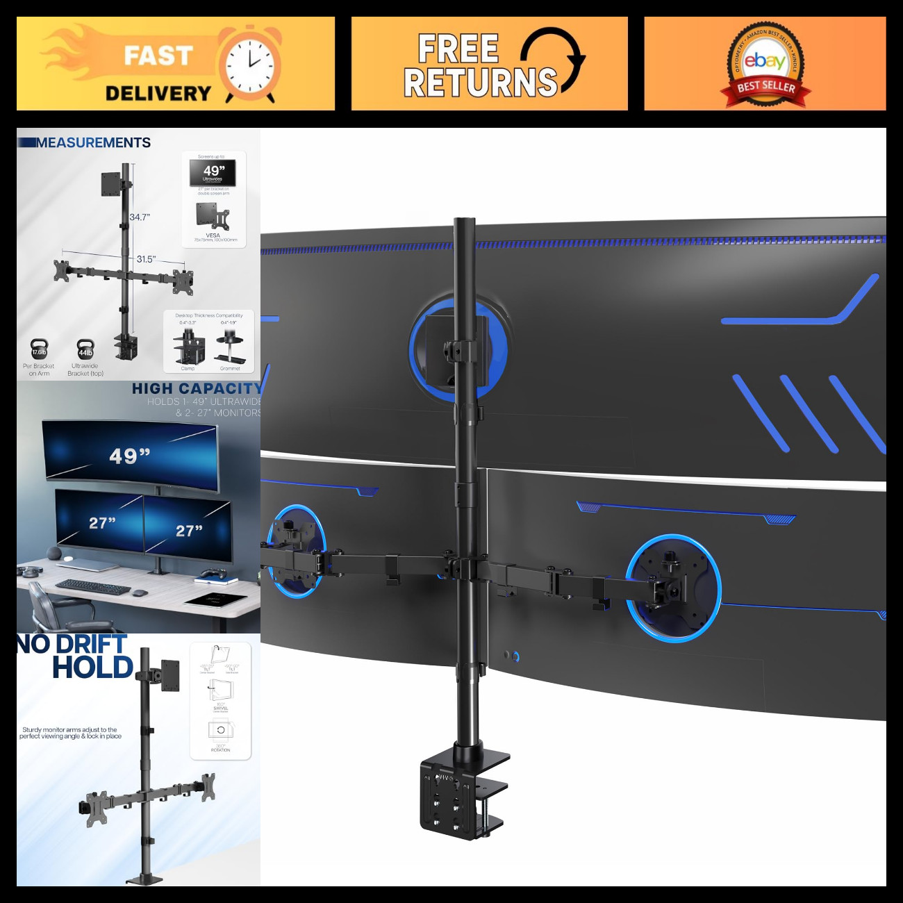 Triple Monitor Desk Mount for 49" Ultrawide & 27" Screens, Extra Tall, Holds 44