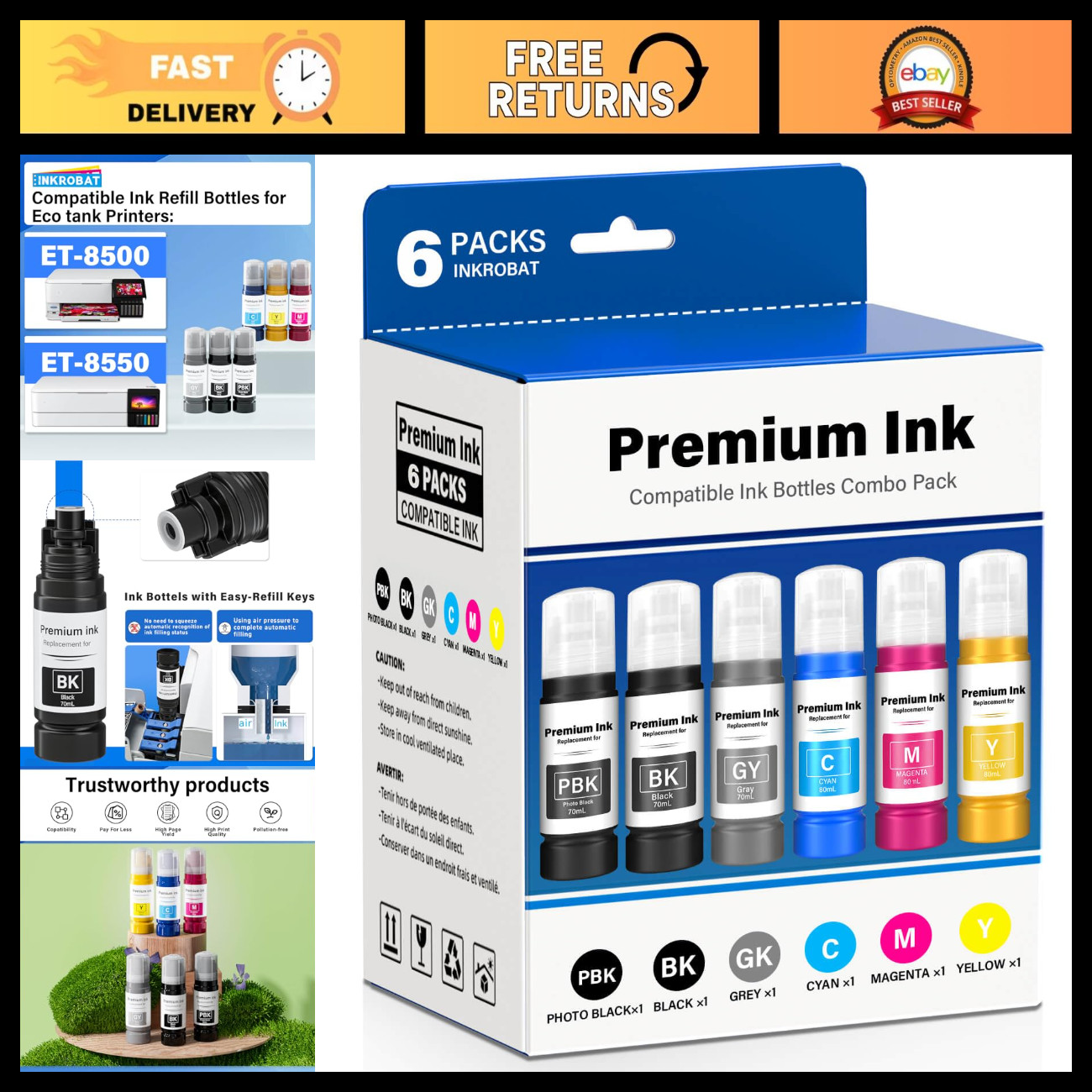 6 Pack Compatible Ink Refill Bottles for Epson Ecotank 8550 ET-8500 Printers - T
