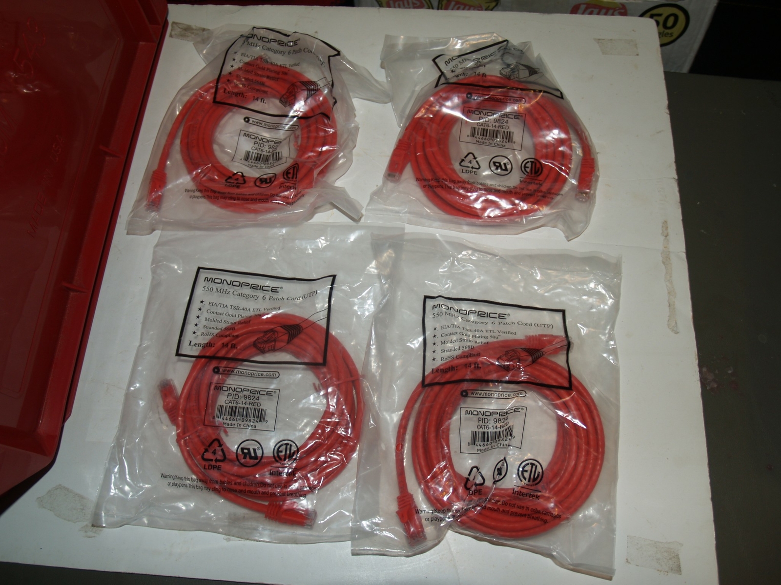 LOT OF 4 New 14' Foot CAT6 Red patch Cable Cords Ethernet UTP Booted
