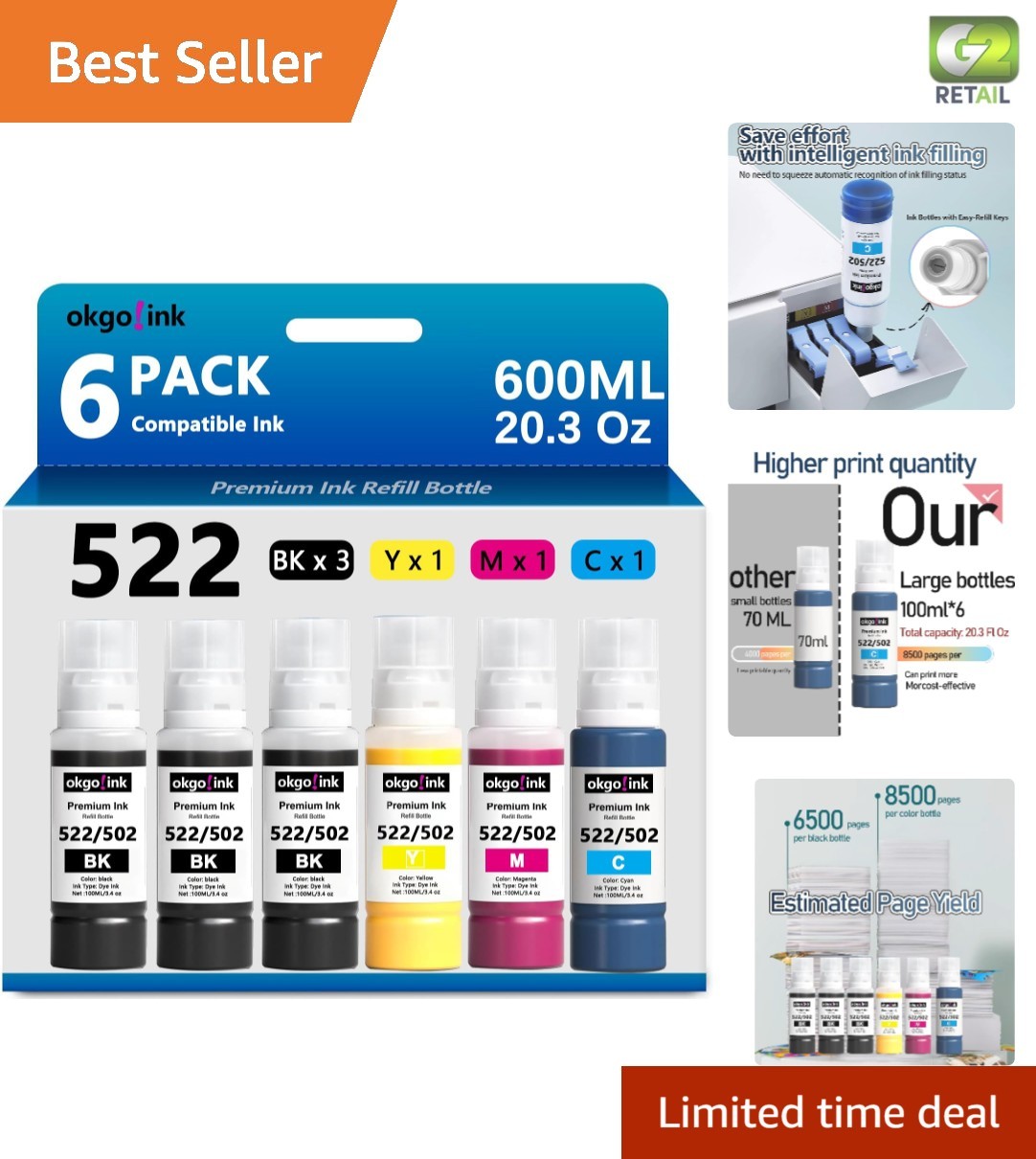 Colorfast T522 Ink Refill 6-Pack - Exceptional Quality for High Volume Printing