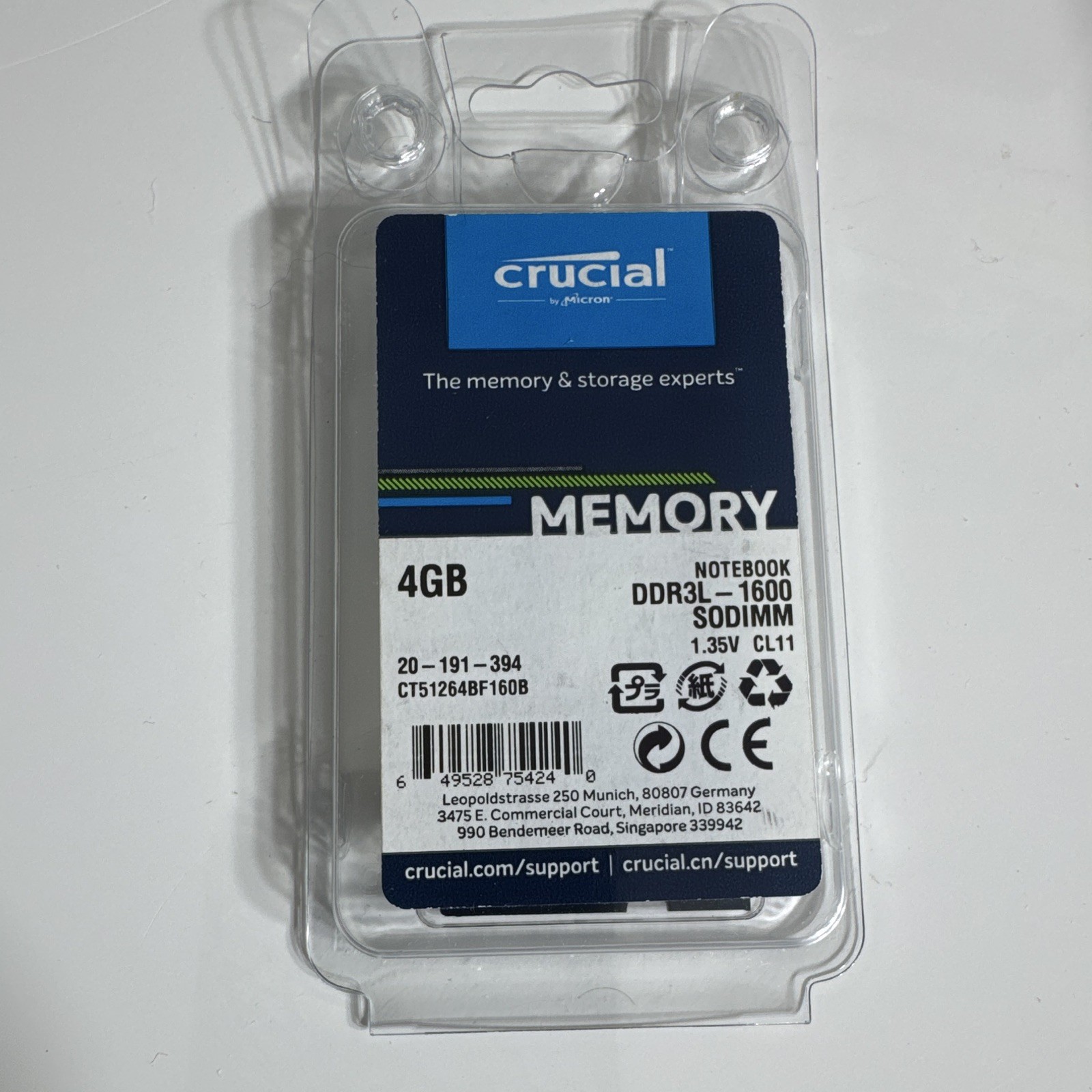 Crucial 4GB DDR3L-1600 SO-DIMM 204-Pin CL11 1.35V CT51264BF160B