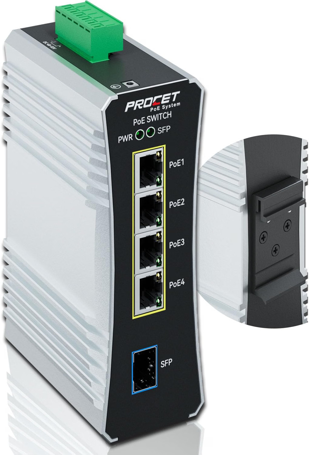 PROCET Gigabit PoE Switch 4-Port Din Rail, 90W/Port, Industrial PoE++ Fiber *NEW