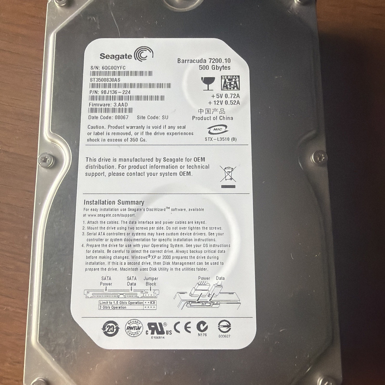 Seagate Barracuda 500GB Internal 7200RPM 3.5" (ST3500830AS) HDD