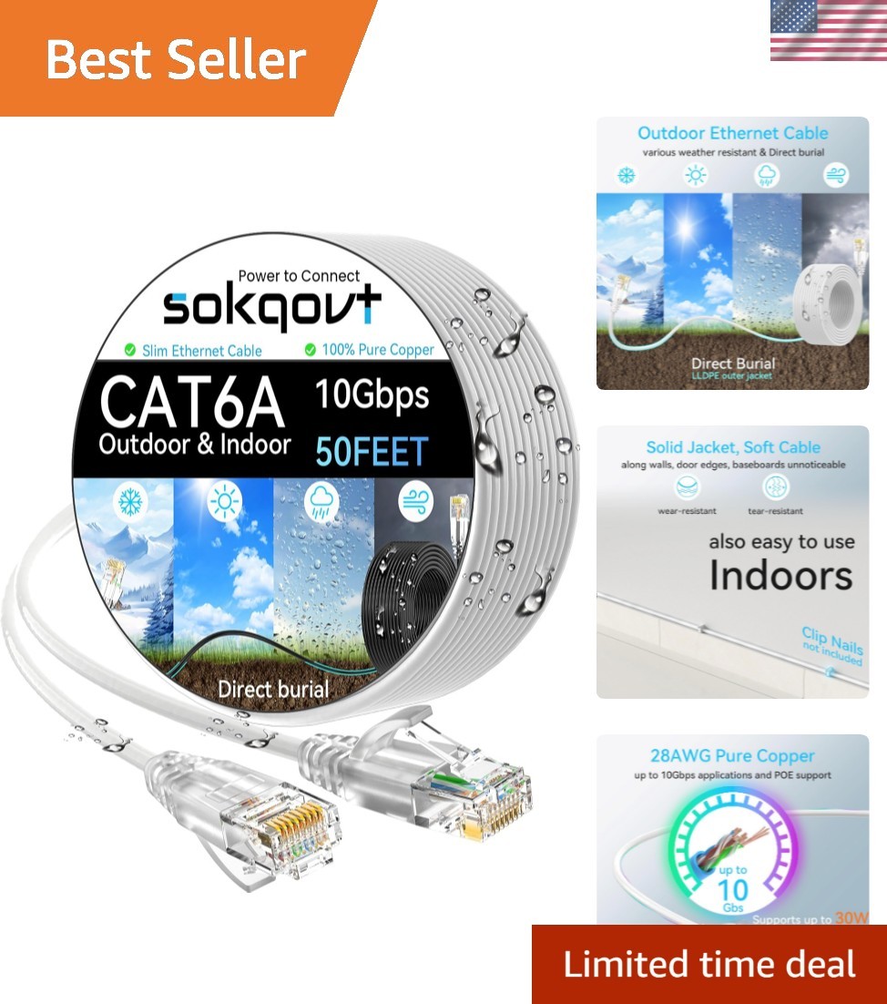 50ft Cat6a Ethernet Cable - Slim, Durable & Waterproof for Indoor/Outdoor Use