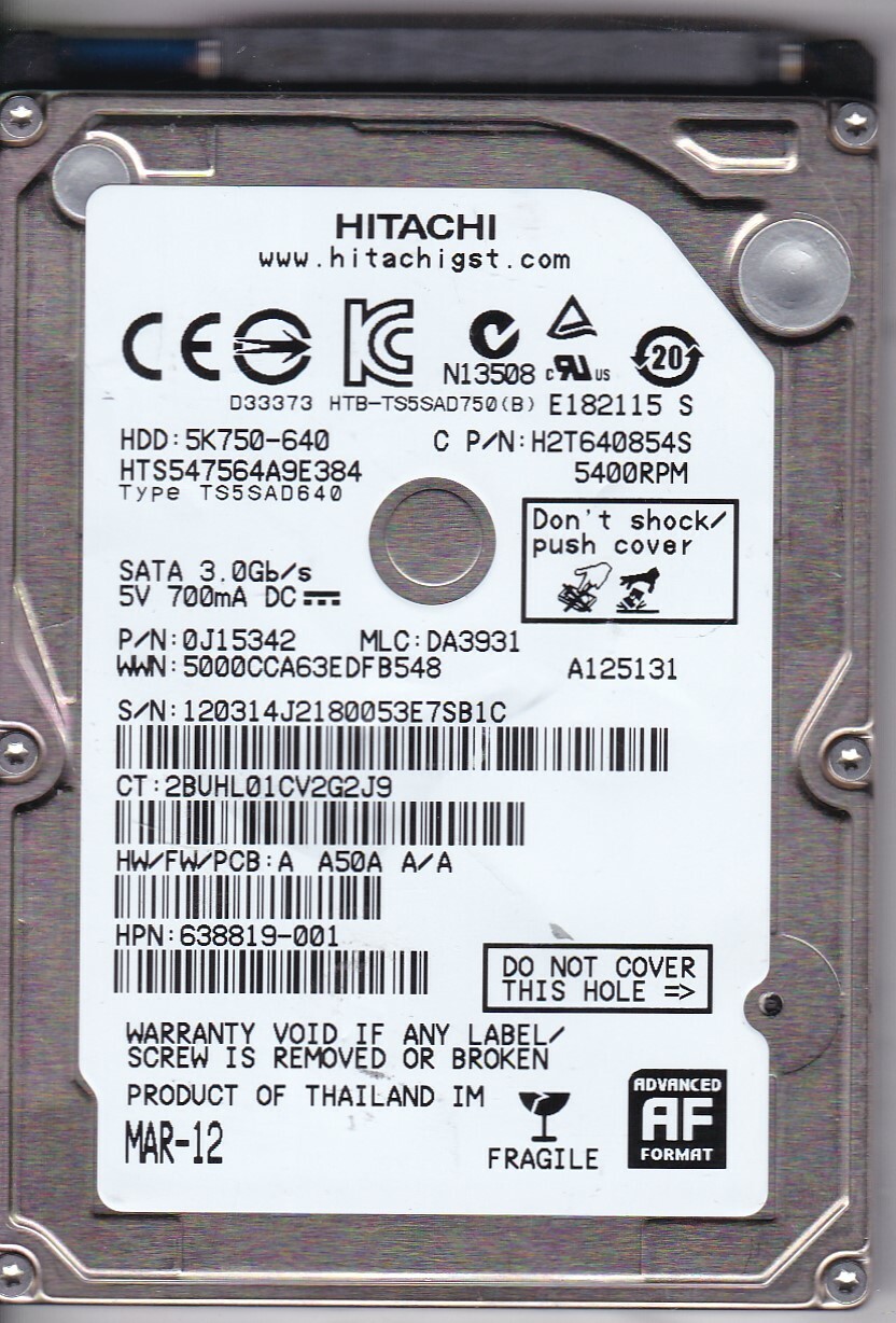 Hitachi HTS547564A9E384 p/n: 0J15342 mlc: DA3931 Thailand 750GB SATA HDD 7706