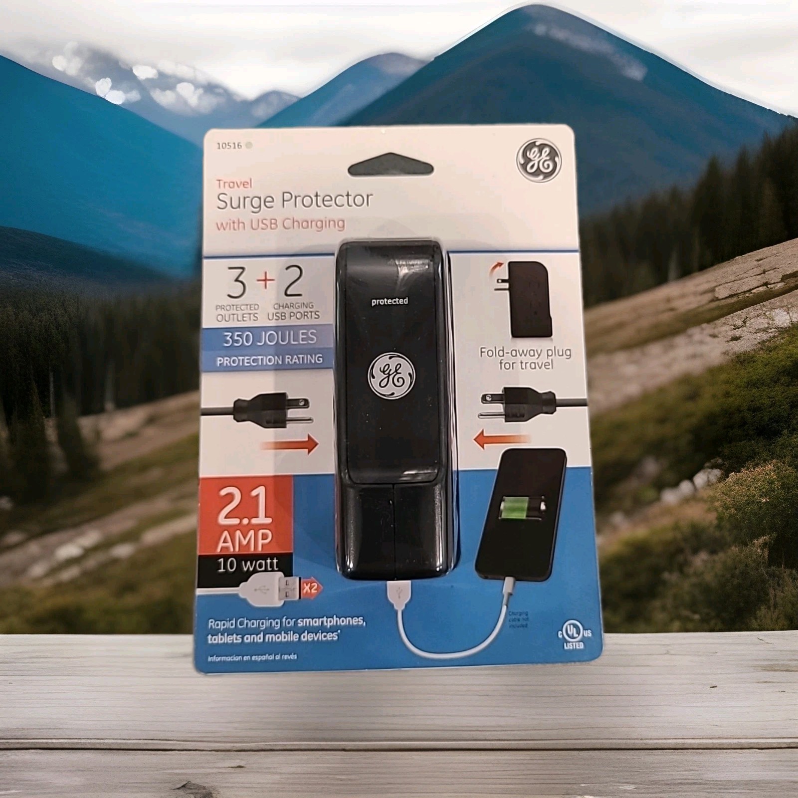New GE 10516 3 Outlet Travel Surge Protector 350 Joules with USB ports