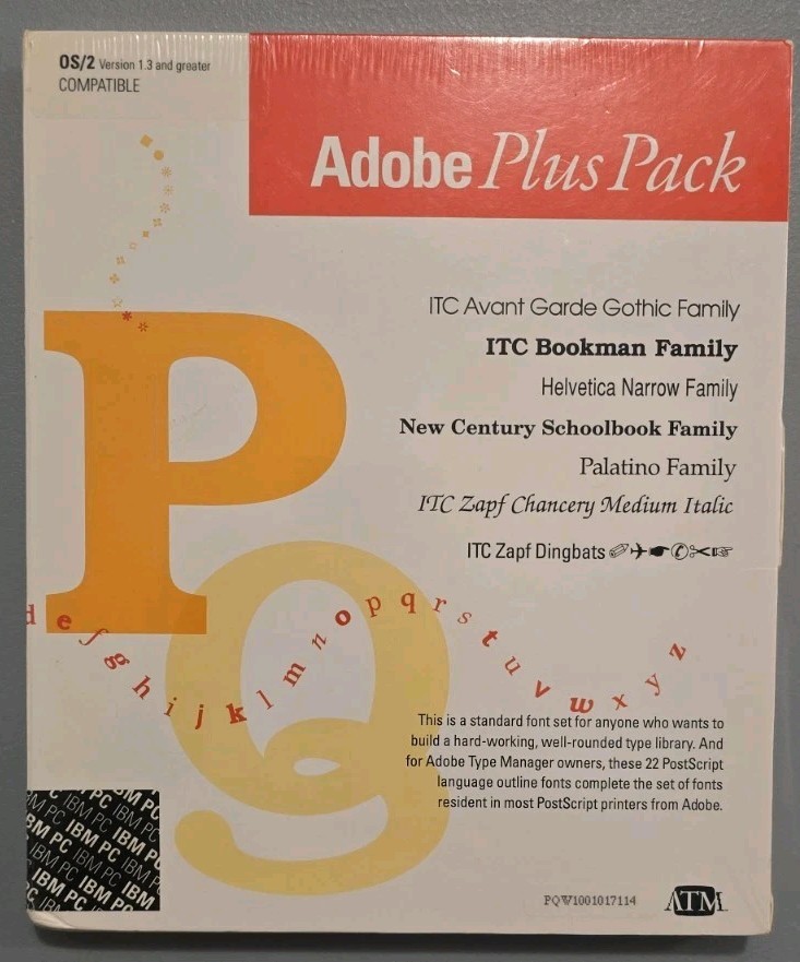 Vintage Adobe Plus Pack Font Software - Factory Sealed IBM PC & OS/2 Compatible