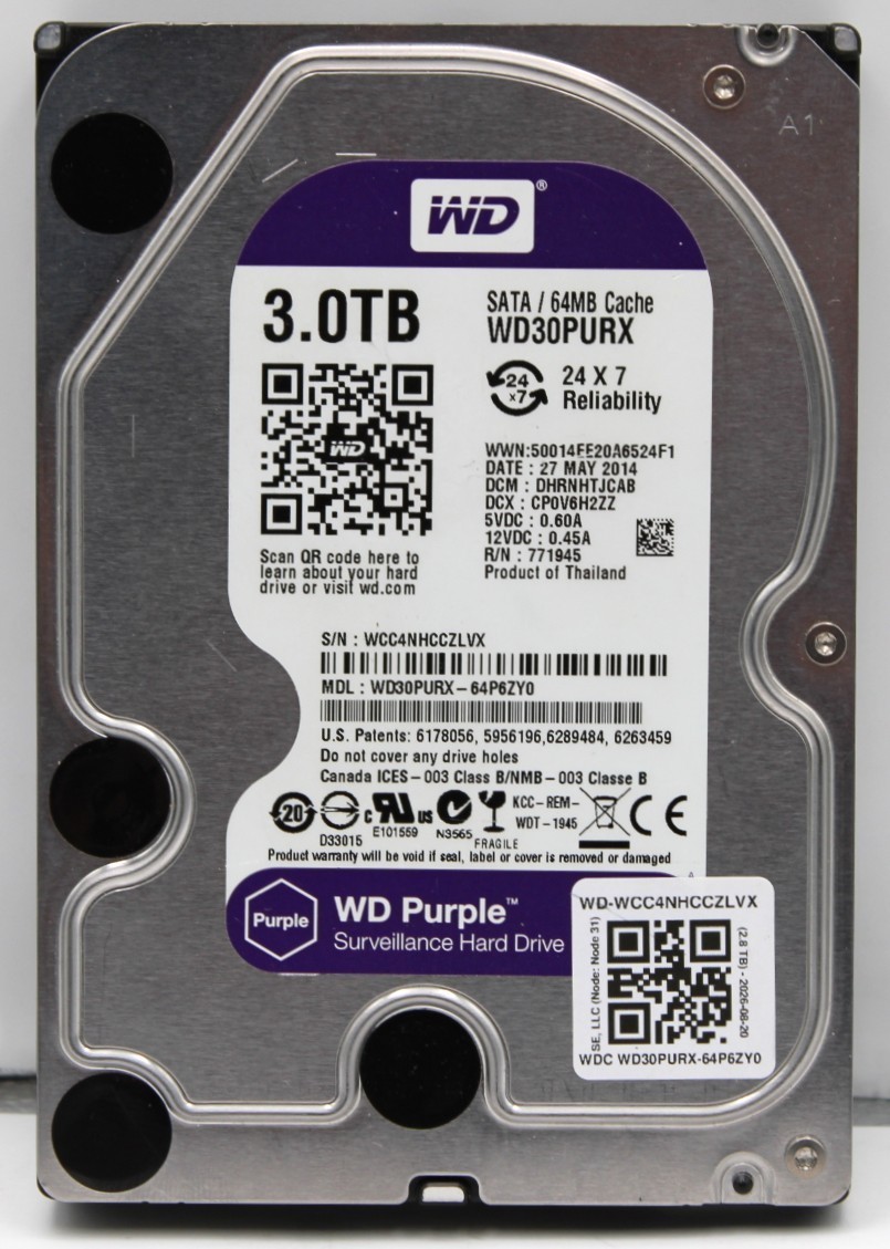 Western Digital Purple Surveillance 3TB WD30PURX 3.5" SATA HDD *USED/WIPED*