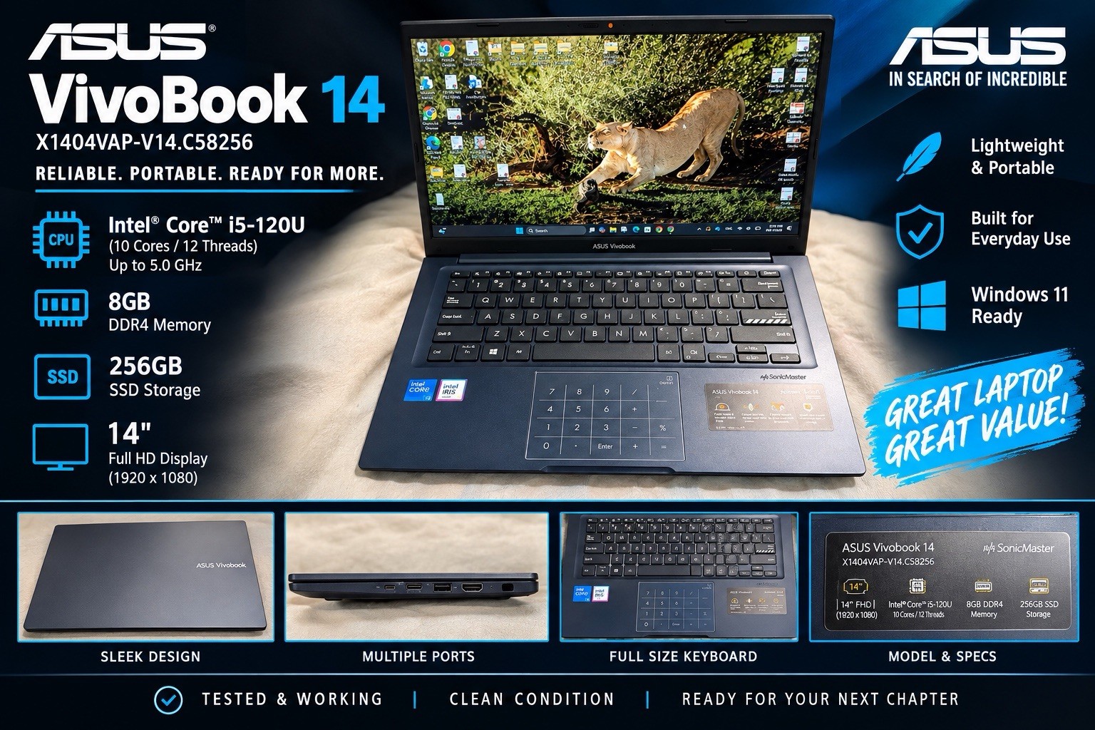 ASUS Vivobook 14 X1404VAP-V14.C58256 i5-120U, 8GB, 256GB SSD 14"