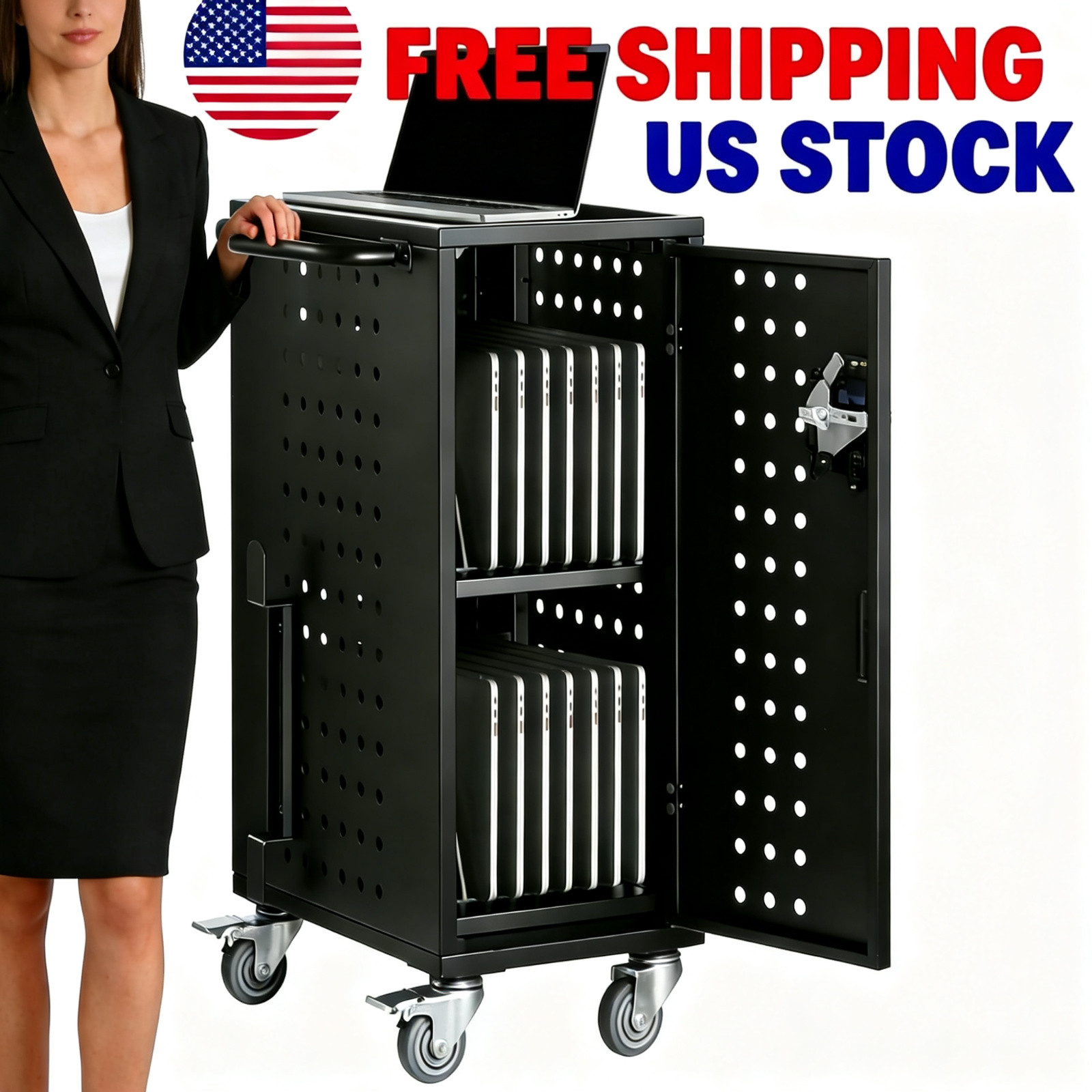 16 Laptop Charging Cart with Lock, Charging Station Cart for 15.6" Devices