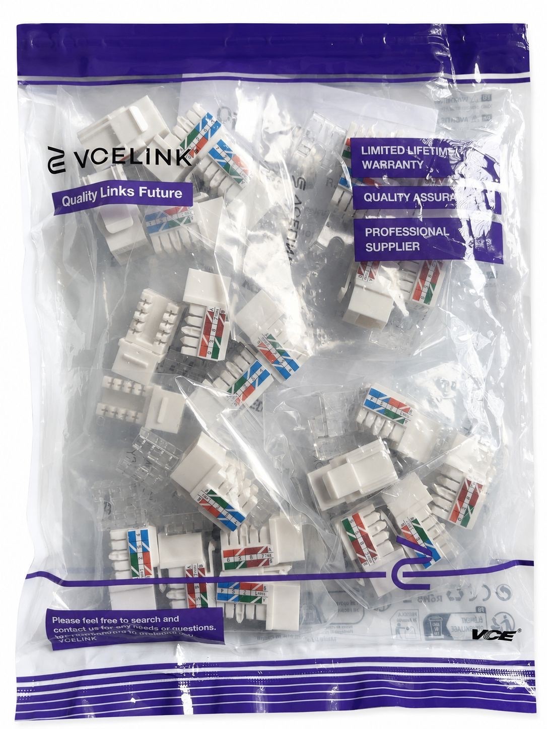 VCE VCELINK Cat6A RJ45 Keystone Jacks 25-Pack UL Listed 10Gbps White