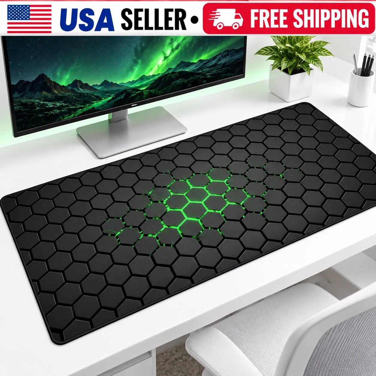 XXL Hexagon Gaming Mouse Pad 90x40cm 3mm Non-Slip Desk Mat Black Green for Gamer