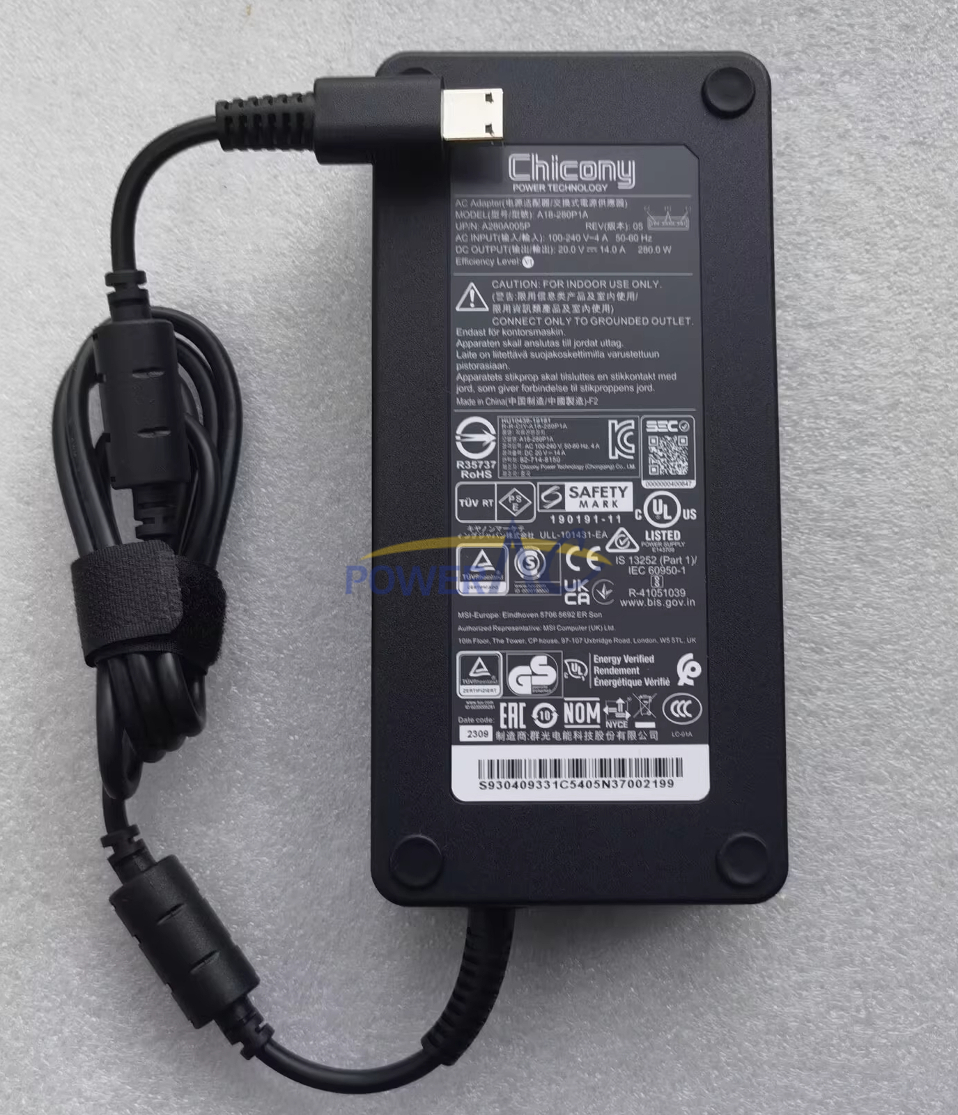 Chicony 20V 14A 280W Original MSI Raider GE78 HX 14VGG-205US AC Charger Adapter