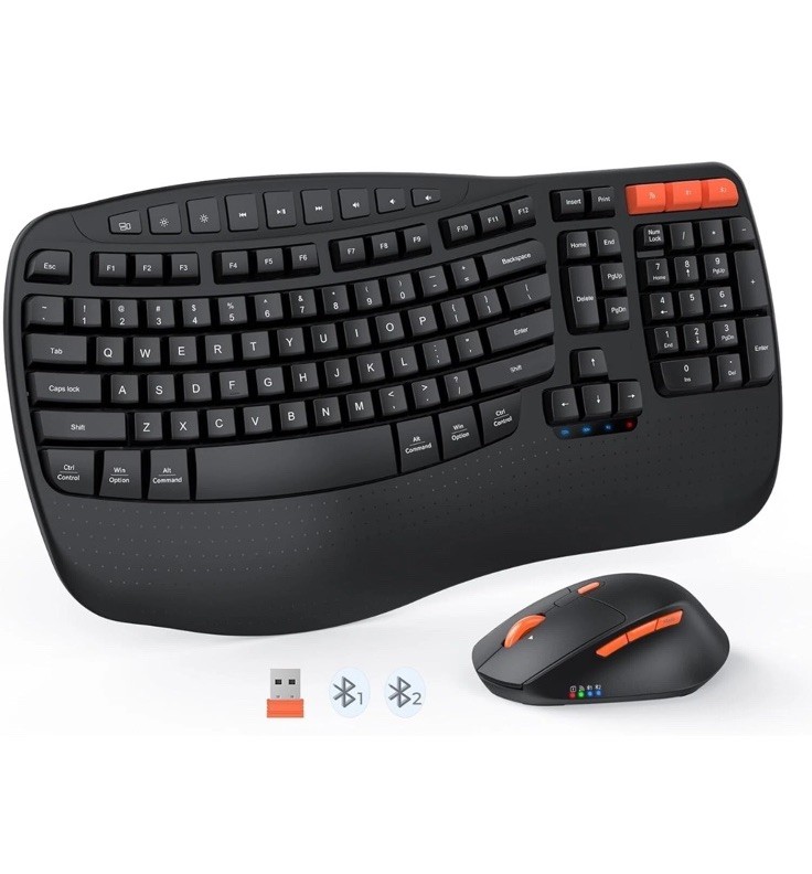 MEETION Wave Ergonomic Keyboard and Mouse Wireless, USB/Bluetooth 4 DPI Adjustab