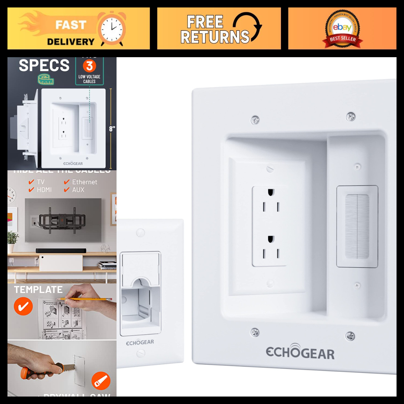 In-Wall Cable Management Kit for Wall Mounted TV - Dual Outlet, Power & Low Volt
