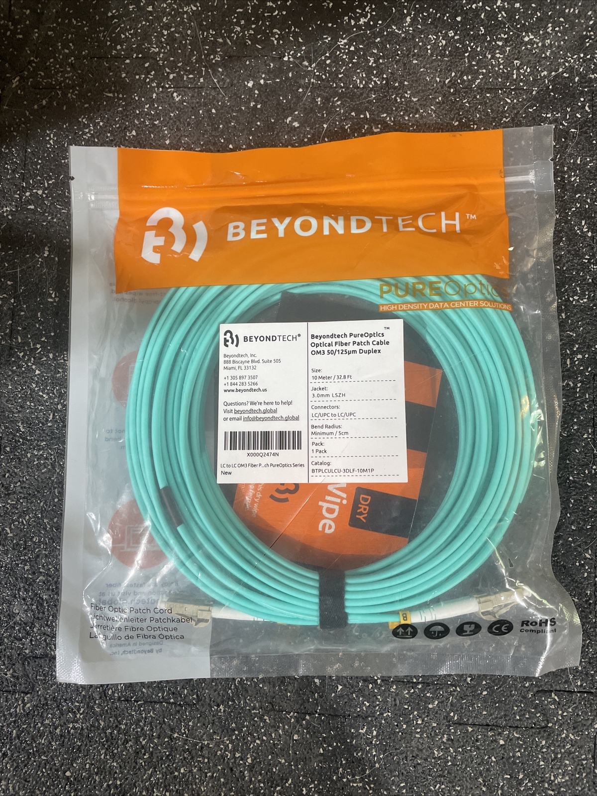 Beyondtech PureOptics Optical Fiber Patch Cable OM3 50/125ųm Duplex - 10M- 1 Pk