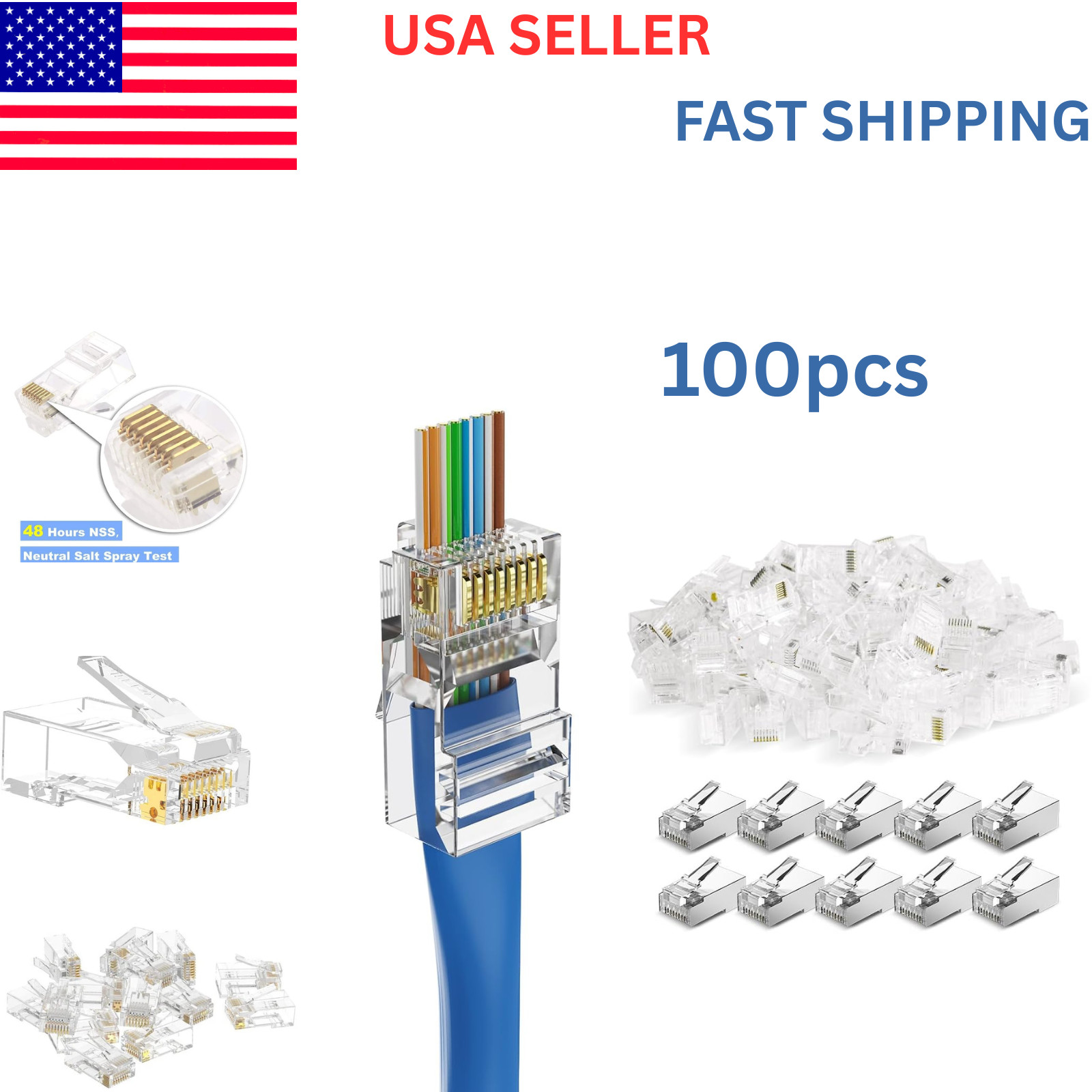 100pcs CAT6 CAT5 RJ45 Pass Through Modular Plug Network Cable Connector End 8P8C