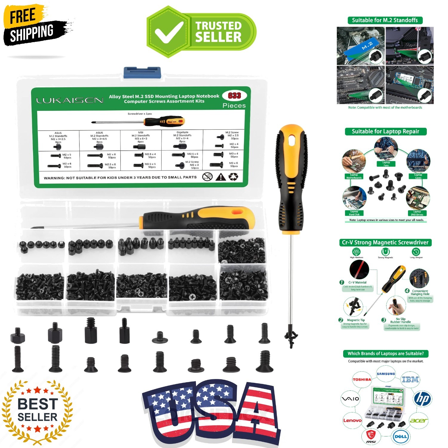 633Pcs M.2 NVMe SSD Screw Kit, Motherboard Standoffs Screws Set