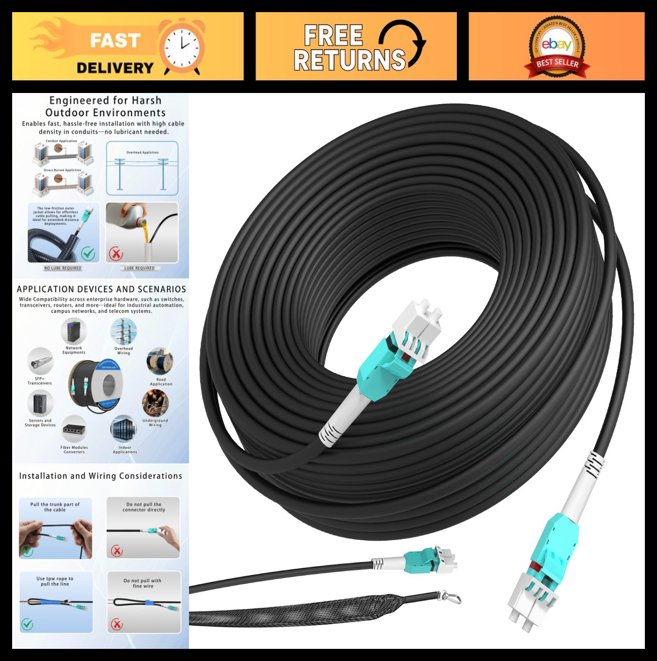 30M Outdoor Armored Fiber Optic Patch Cable, LC to LC, Multimode Duplex 50/125μm