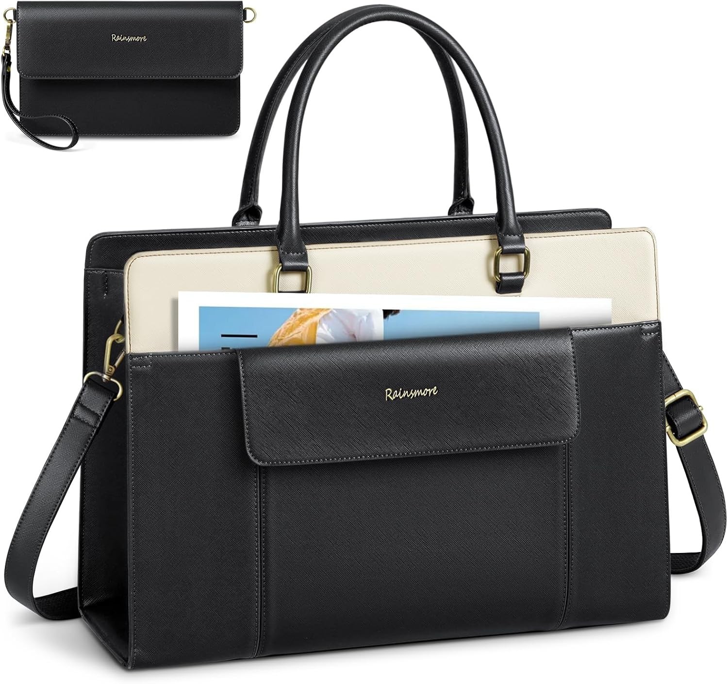 2PCS Laptop Tote Bag Women 15.6 Inch Leather Waterproof Work Business Office Bla
