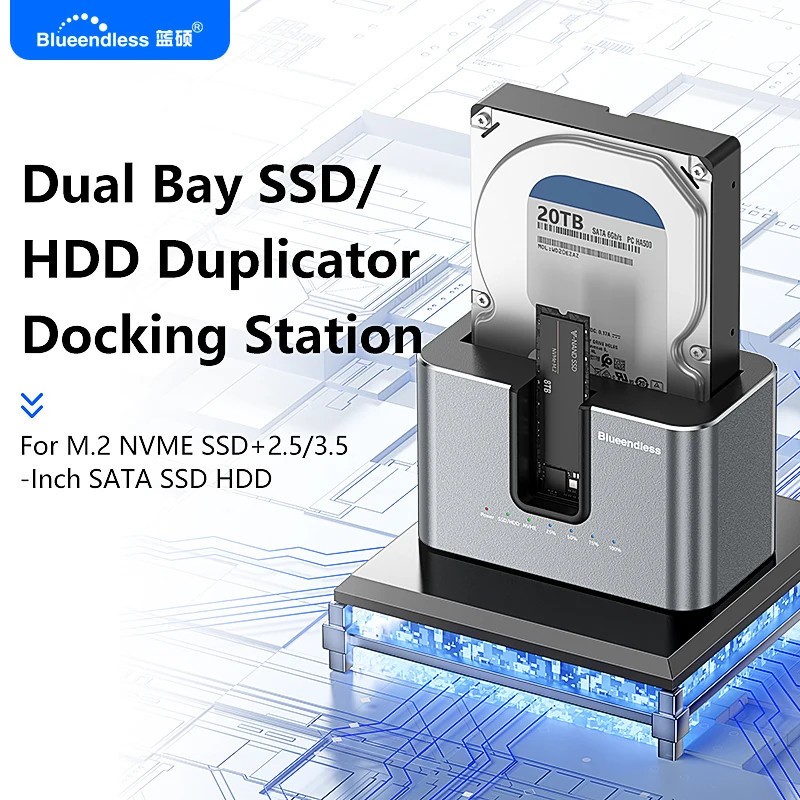 Blueendless SATA HDD M.2 NVMe SSD Dual Drive Docking Station Offline Cloner