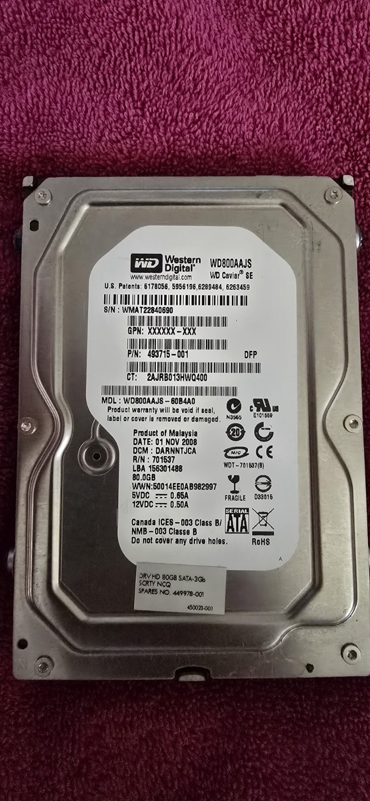 Western Digital WD800AAJS 80GB 7200RPM SATA II 3.5" hard drive HDD B16