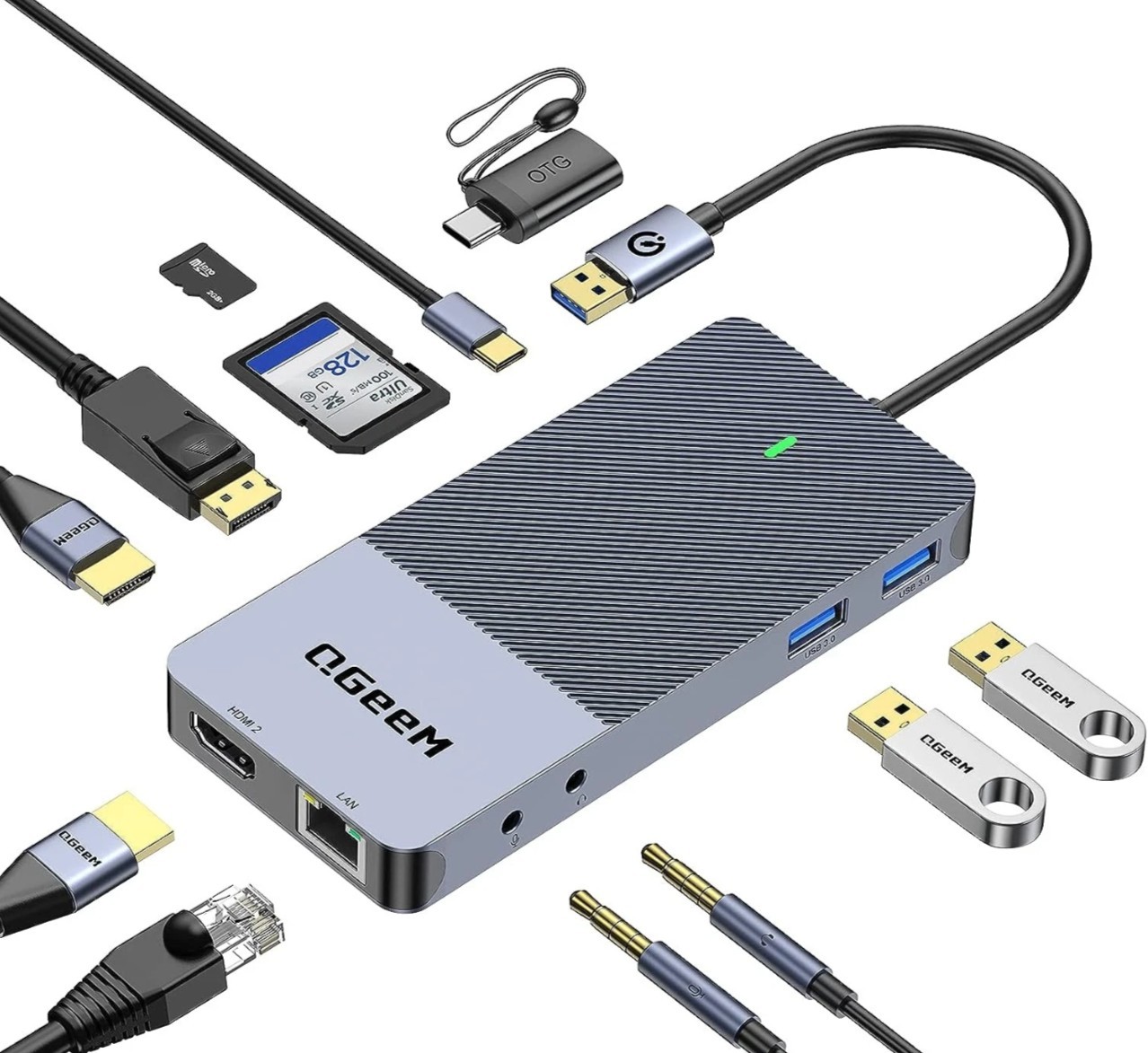 Gray - QGeeM USB 3.0 Docking Station, QGeeM USB C Hub with Dual HDMI 4K